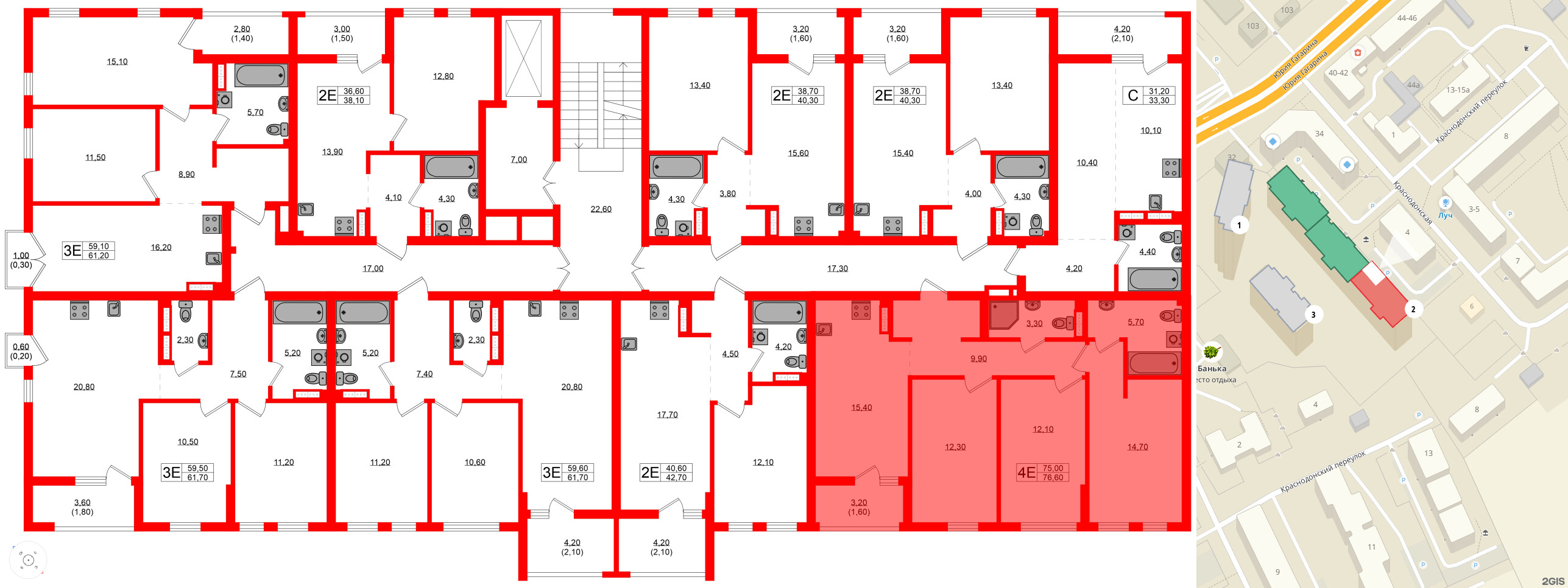 Квартира в ЖК Гагарина 30, 3 комнатная, 75 м², 8 этаж
