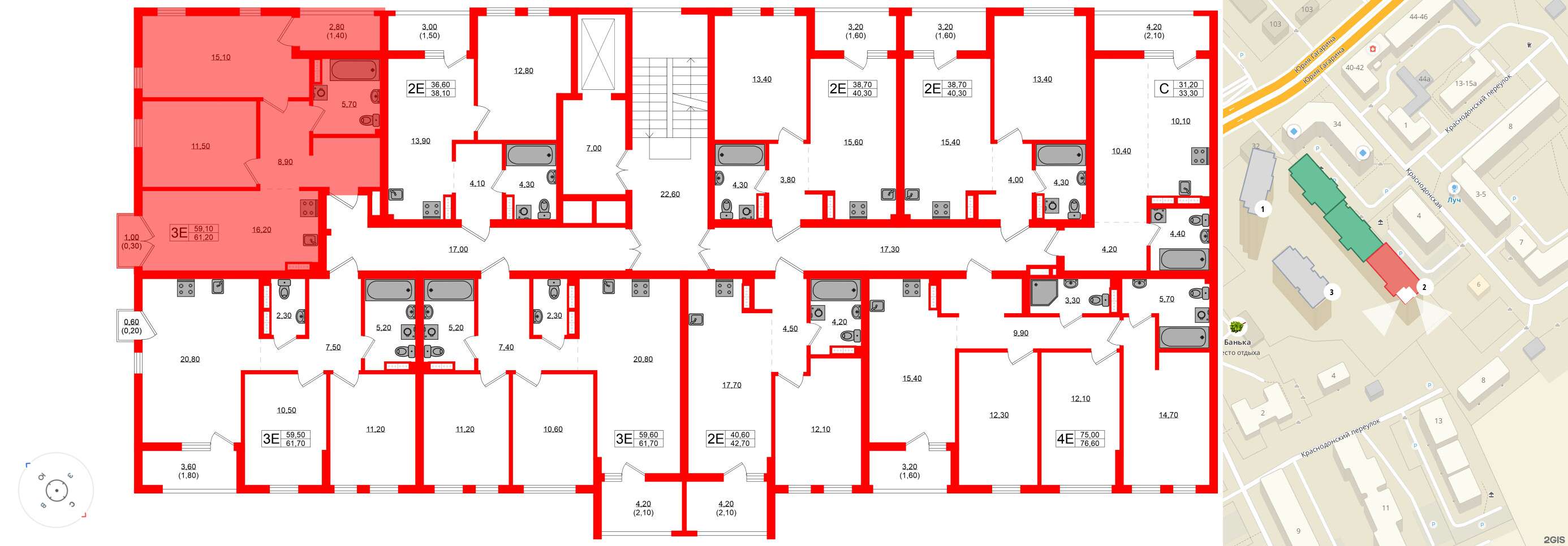Квартира в ЖК Гагарина 30, 2 комнатная, 59.1 м², 8 этаж