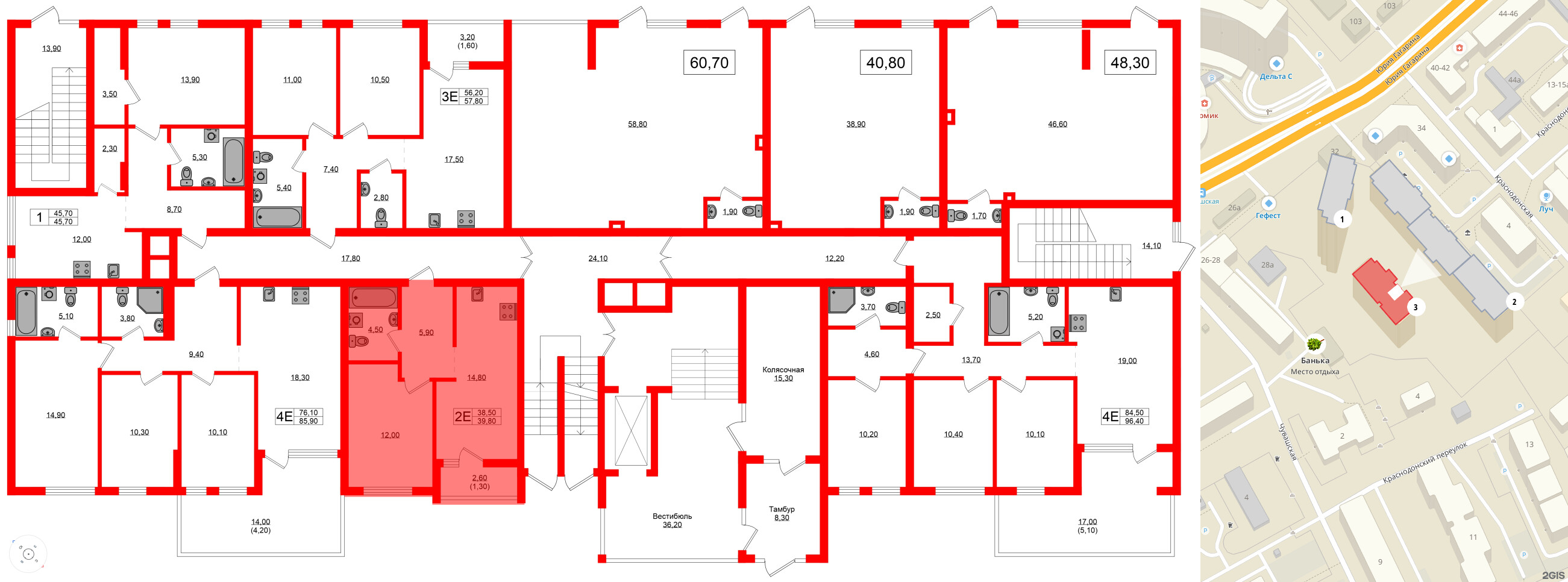 Квартира в ЖК Гагарина 30, 1 комнатная, 38.5 м², 1 этаж