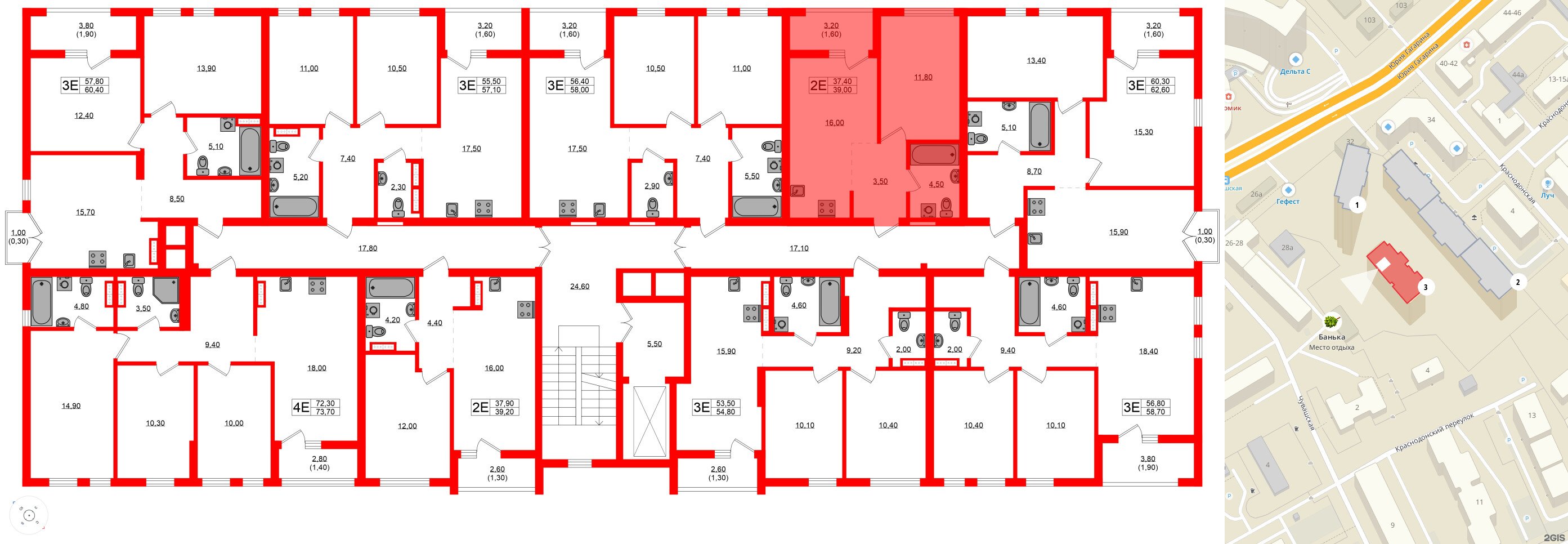 Квартира в ЖК Гагарина 30, 1 комнатная, 37.4 м², 2 этаж