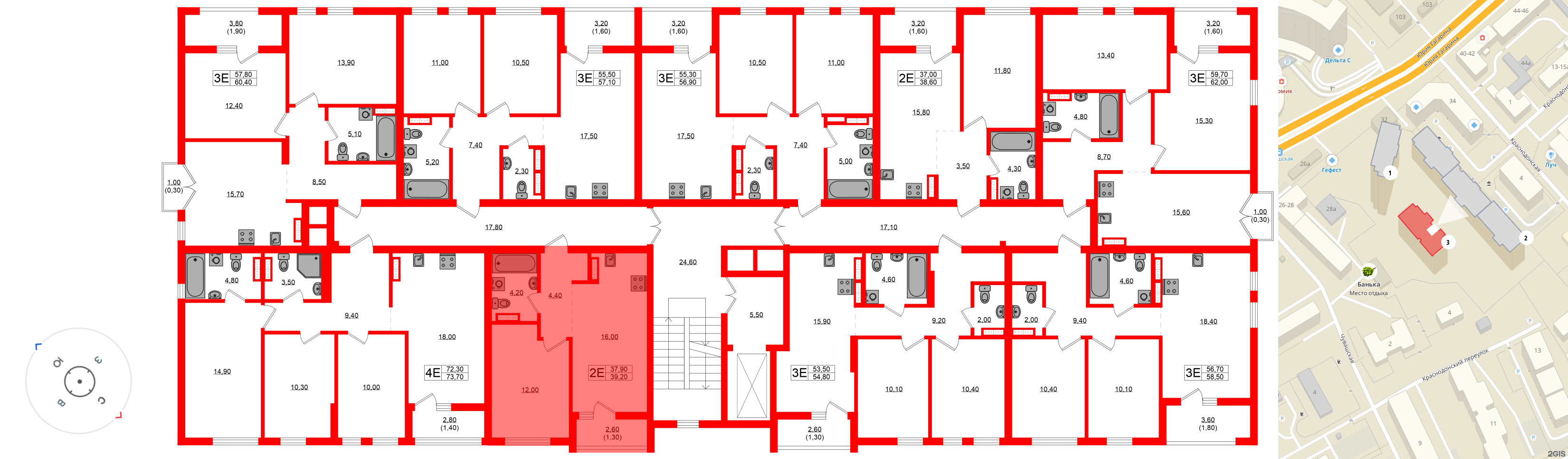 Квартира в ЖК Гагарина 30, 1 комнатная, 37.9 м², 3 этаж