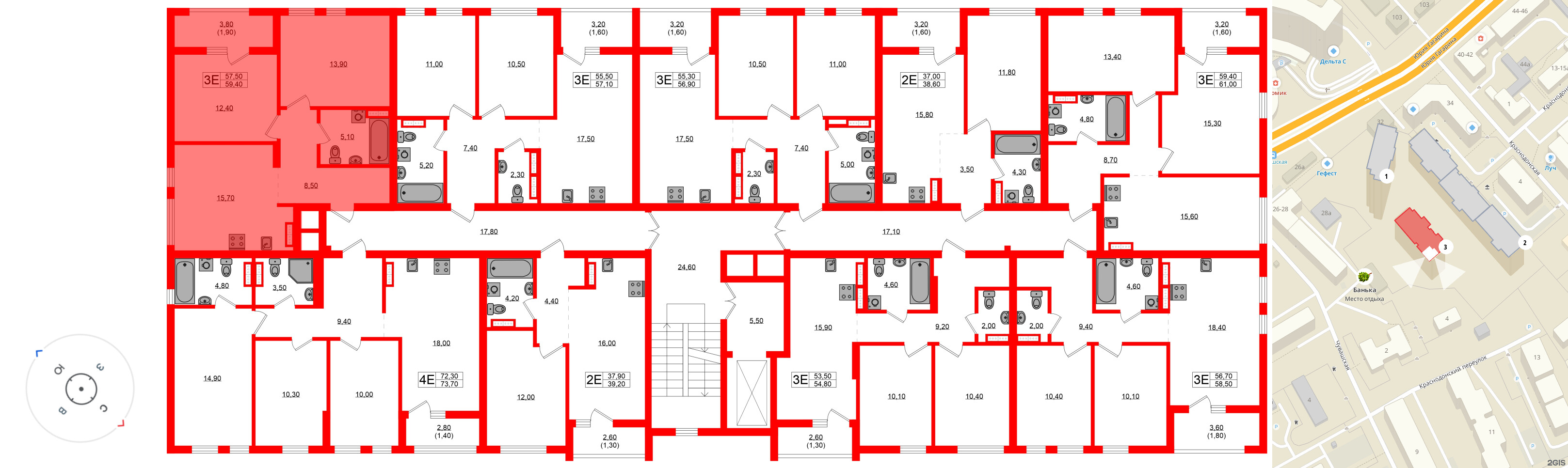 Квартира в ЖК Гагарина 30, 2 комнатная, 57.5 м², 4 этаж