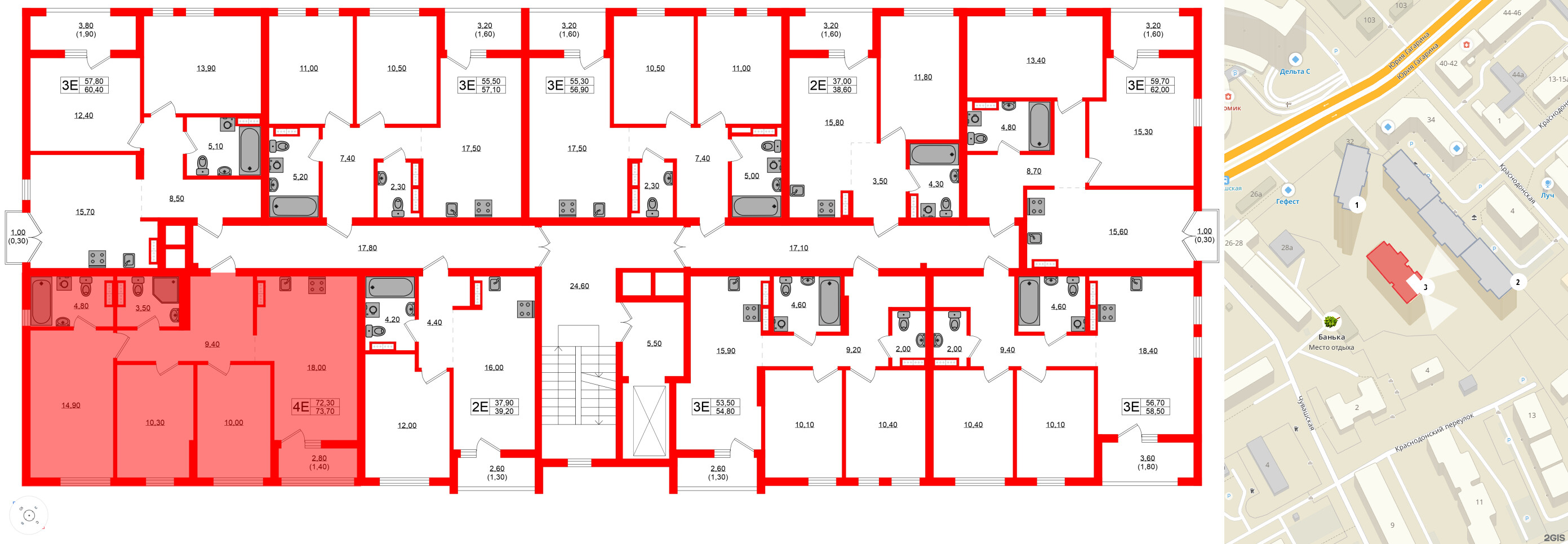 Квартира в ЖК Гагарина 30, 3 комнатная, 72.3 м², 6 этаж