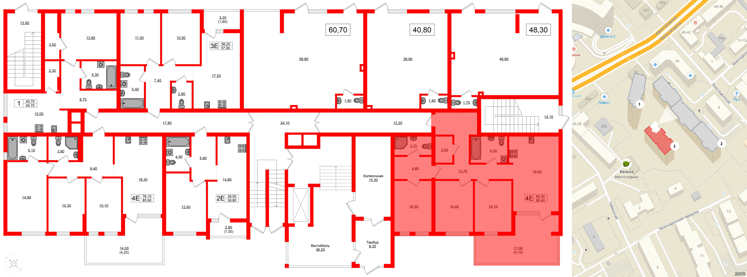 Квартира в ЖК Гагарина 30, 3 комнатная, 84.5 м², 1 этаж