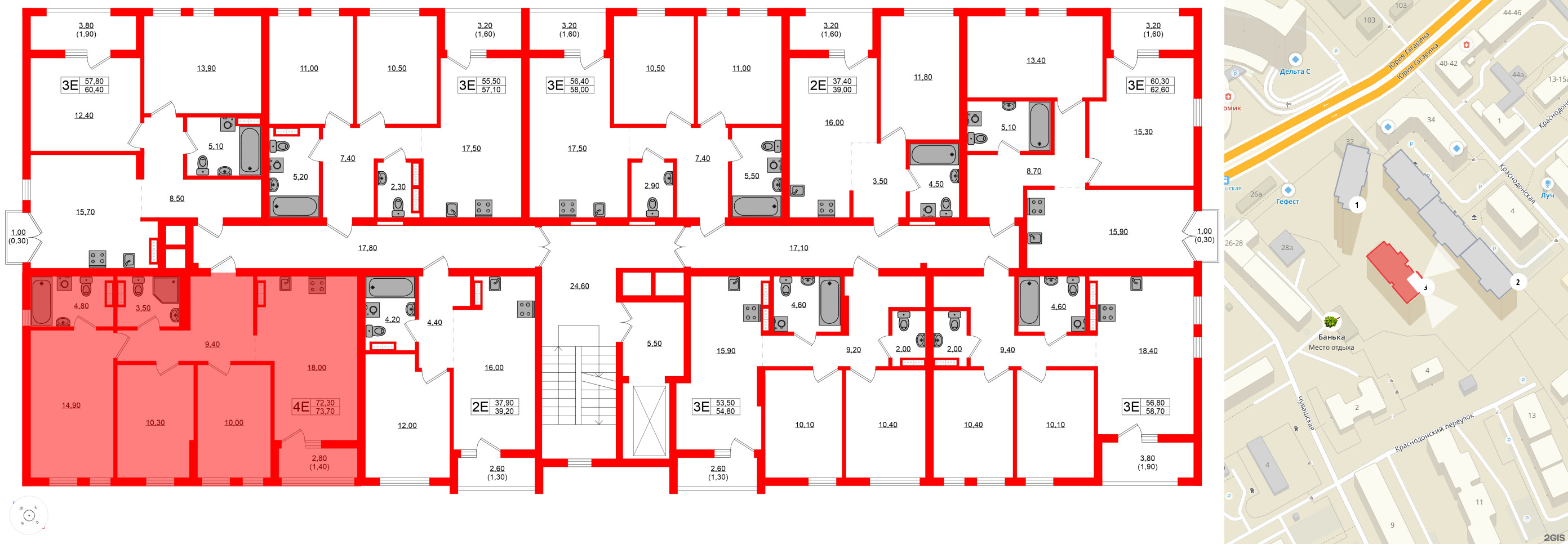 Квартира в ЖК Гагарина 30, 3 комнатная, 72.3 м², 2 этаж