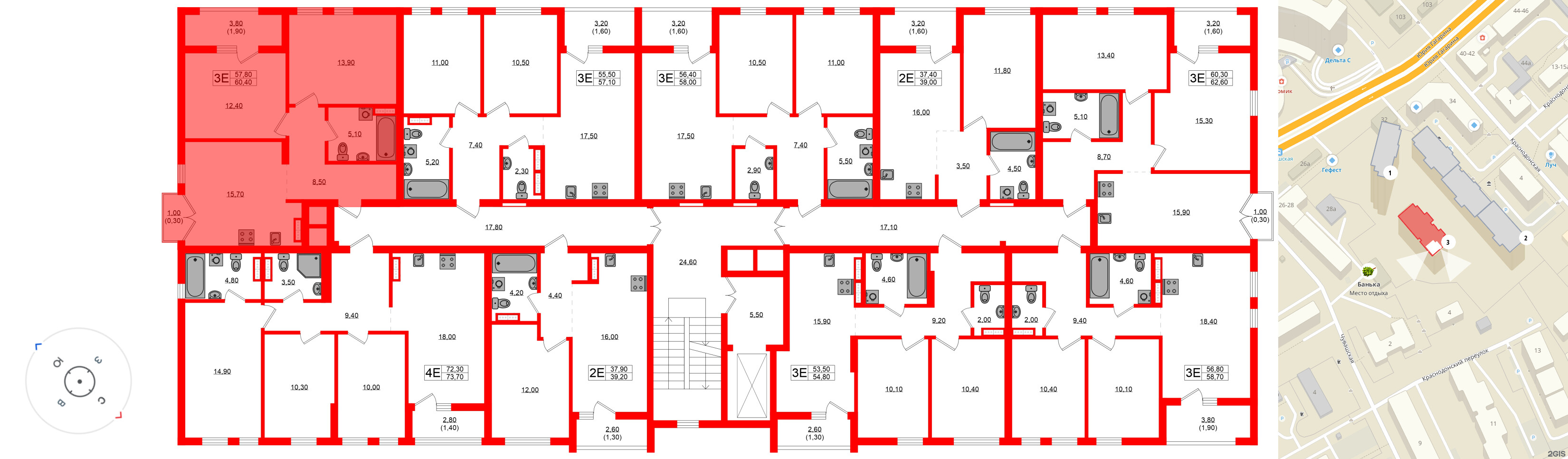 Квартира в ЖК Гагарина 30, 2 комнатная, 57.8 м², 2 этаж