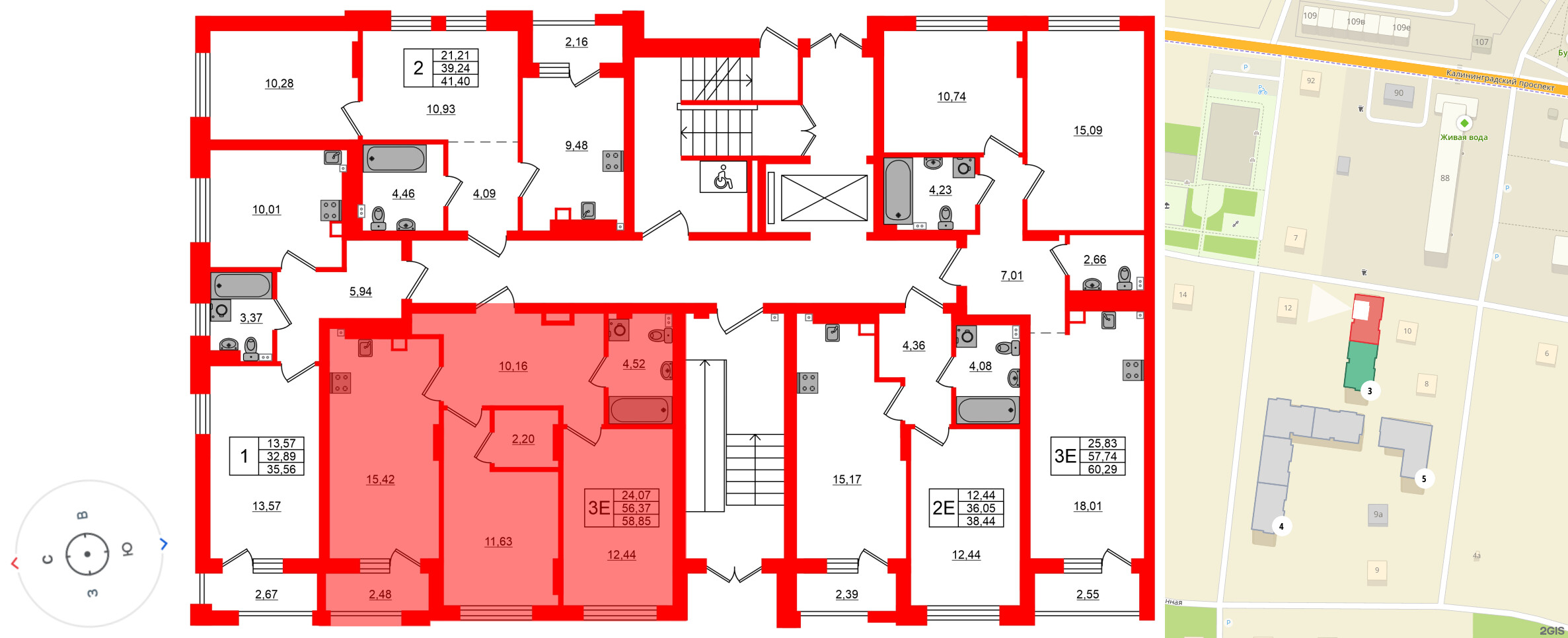 Квартира в ЖК «Новая история», 2 комнатная, 58.85 м², 1 этаж