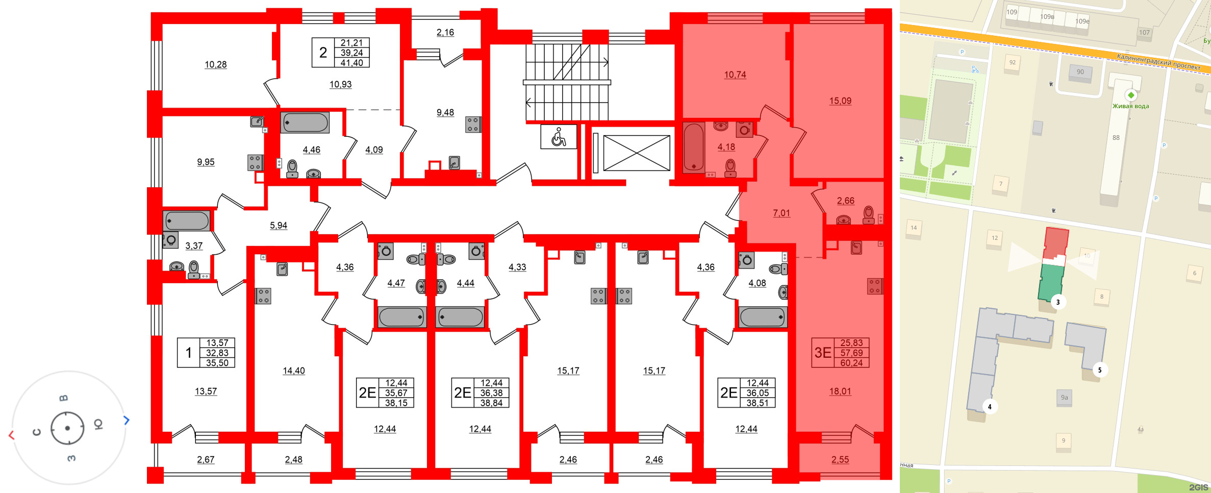 Квартира в ЖК «Новая история», 2 комнатная, 60.24 м², 3 этаж