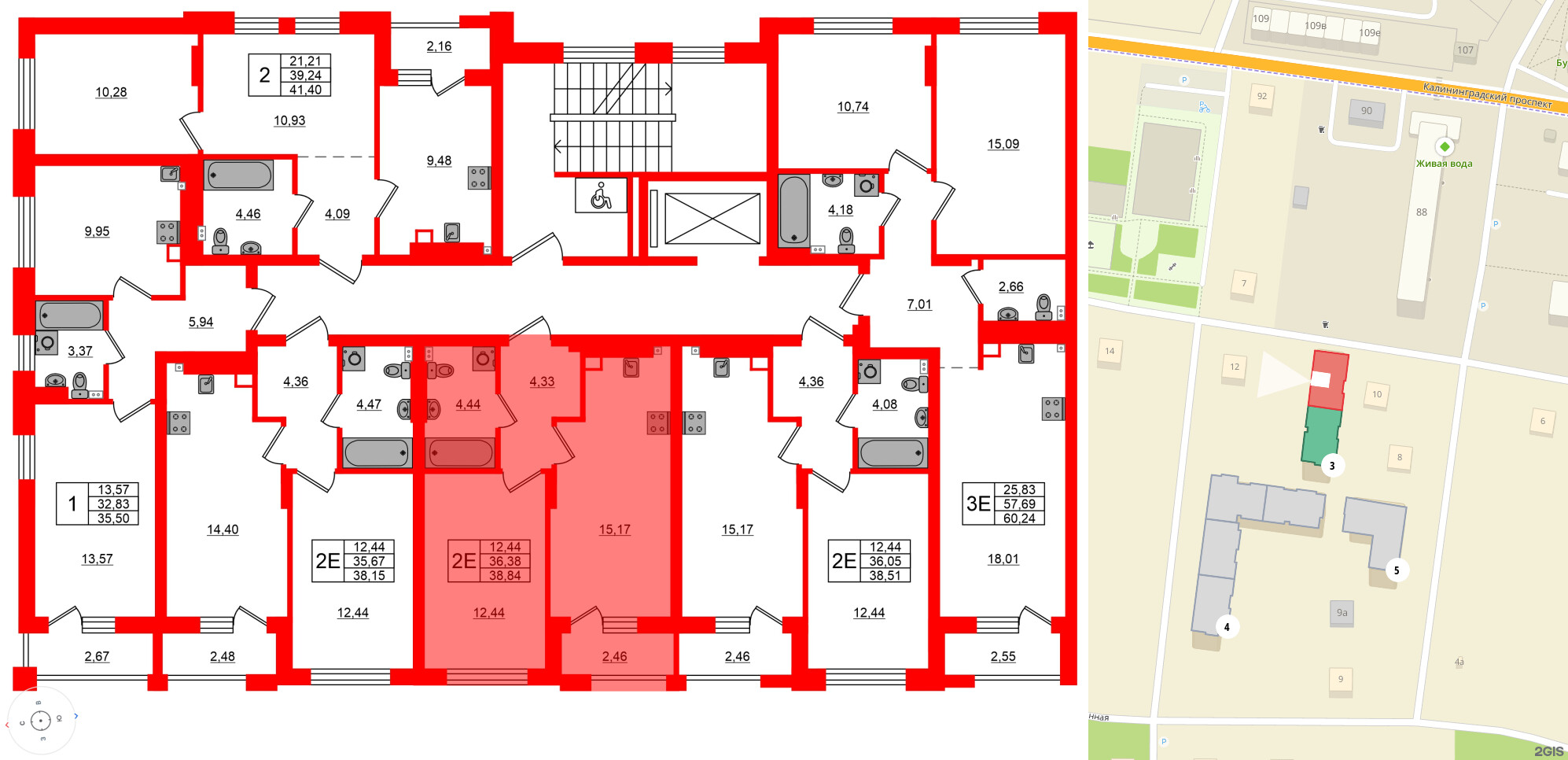 Квартира в ЖК «Новая история», 1 комнатная, 38.84 м², 3 этаж