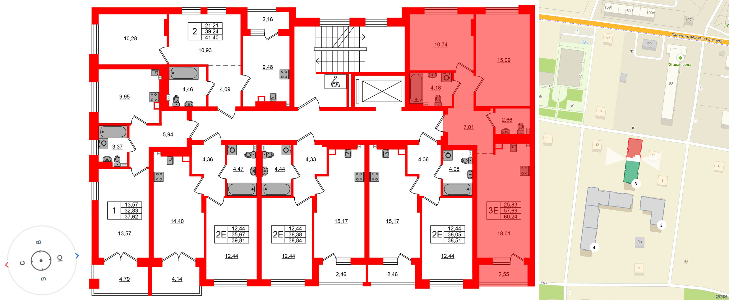 Квартира в ЖК «Новая история», 2 комнатная, 60.24 м², 5 этаж