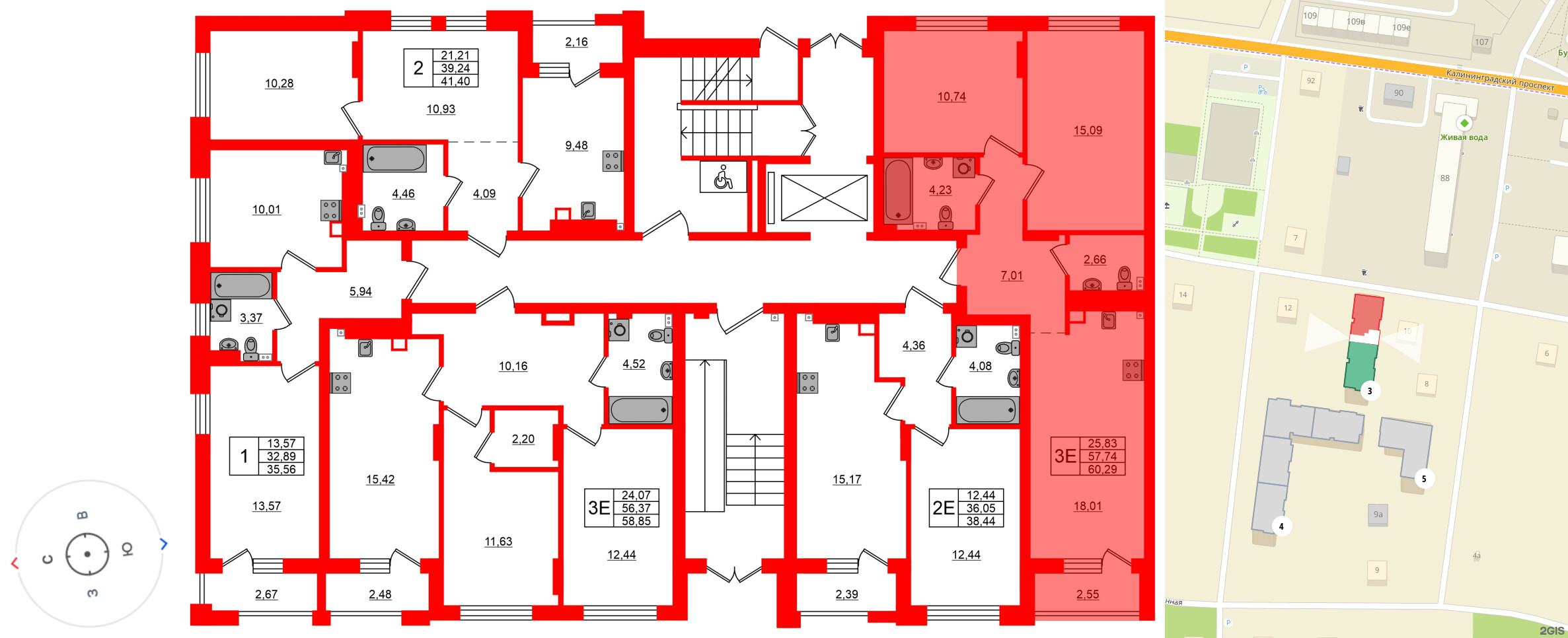 Квартира в ЖК «Новая история», 2 комнатная, 60.29 м², 1 этаж