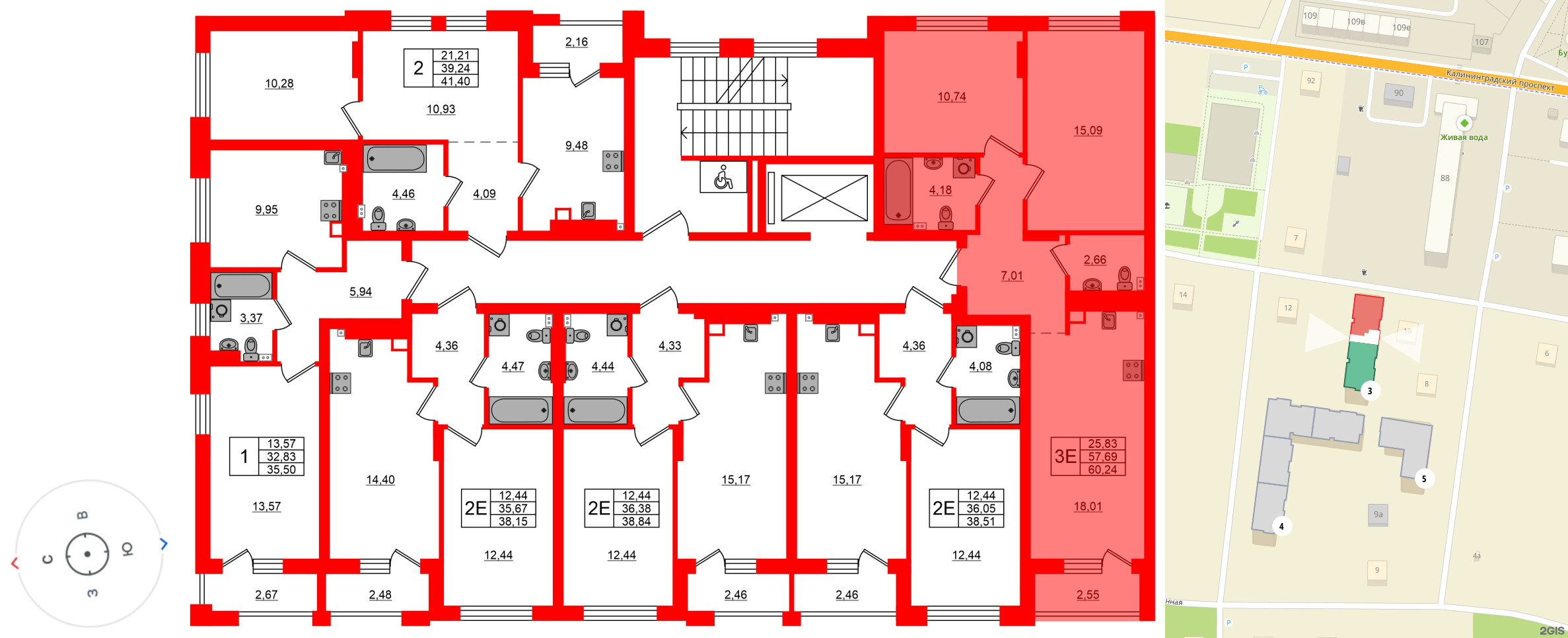 Квартира в ЖК «Новая история», 2 комнатная, 60.24 м², 2 этаж