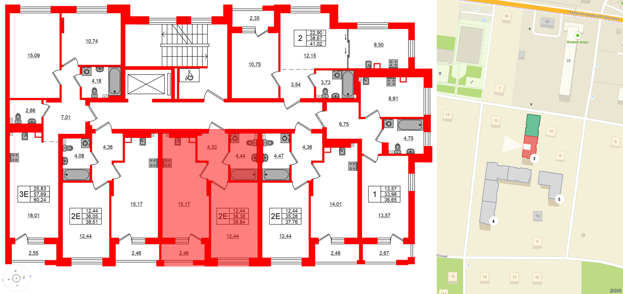 Квартира в ЖК «Новая история», 1 комнатная, 38.84 м², 2 этаж