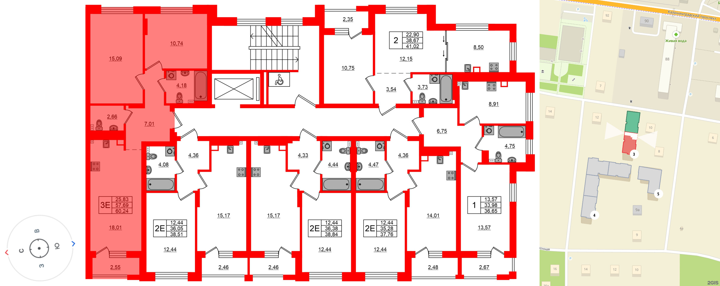Квартира в ЖК «Новая история», 2 комнатная, 60.24 м², 2 этаж