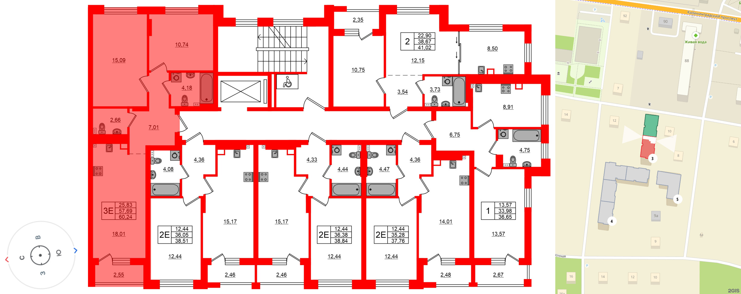 Квартира в ЖК «Новая история», 2 комнатная, 60.24 м², 3 этаж