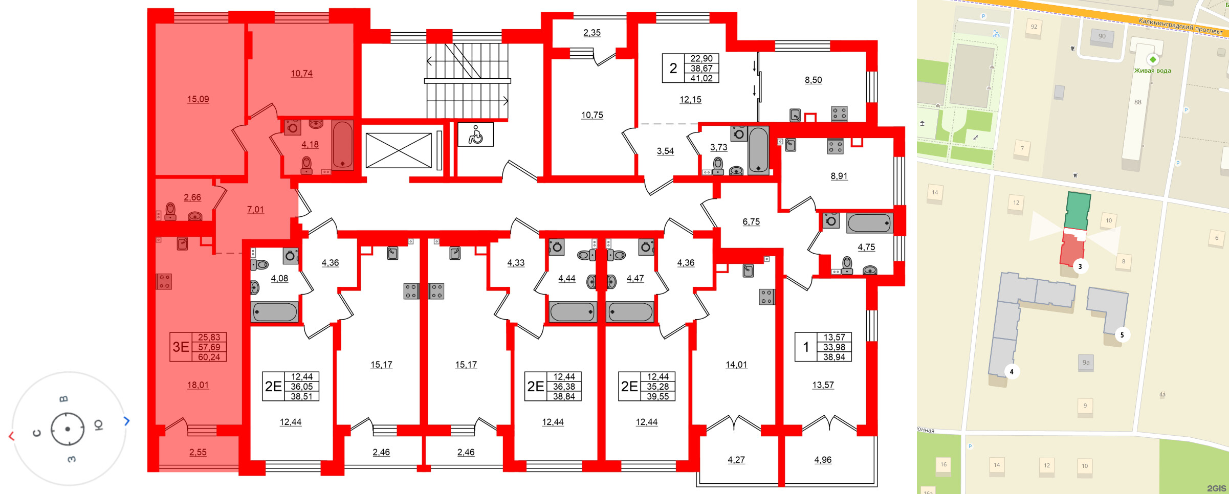 Квартира в ЖК «Новая история», 2 комнатная, 60.24 м², 5 этаж