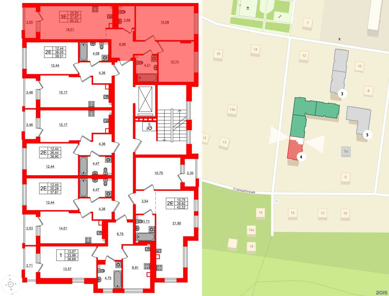 Квартира в ЖК «Новая история», 2 комнатная, 60.22 м², 2 этаж