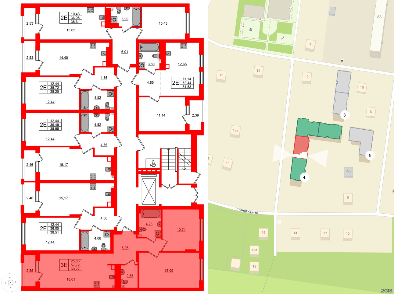 Квартира в ЖК «Новая история», 2 комнатная, 60.27 м², 1 этаж