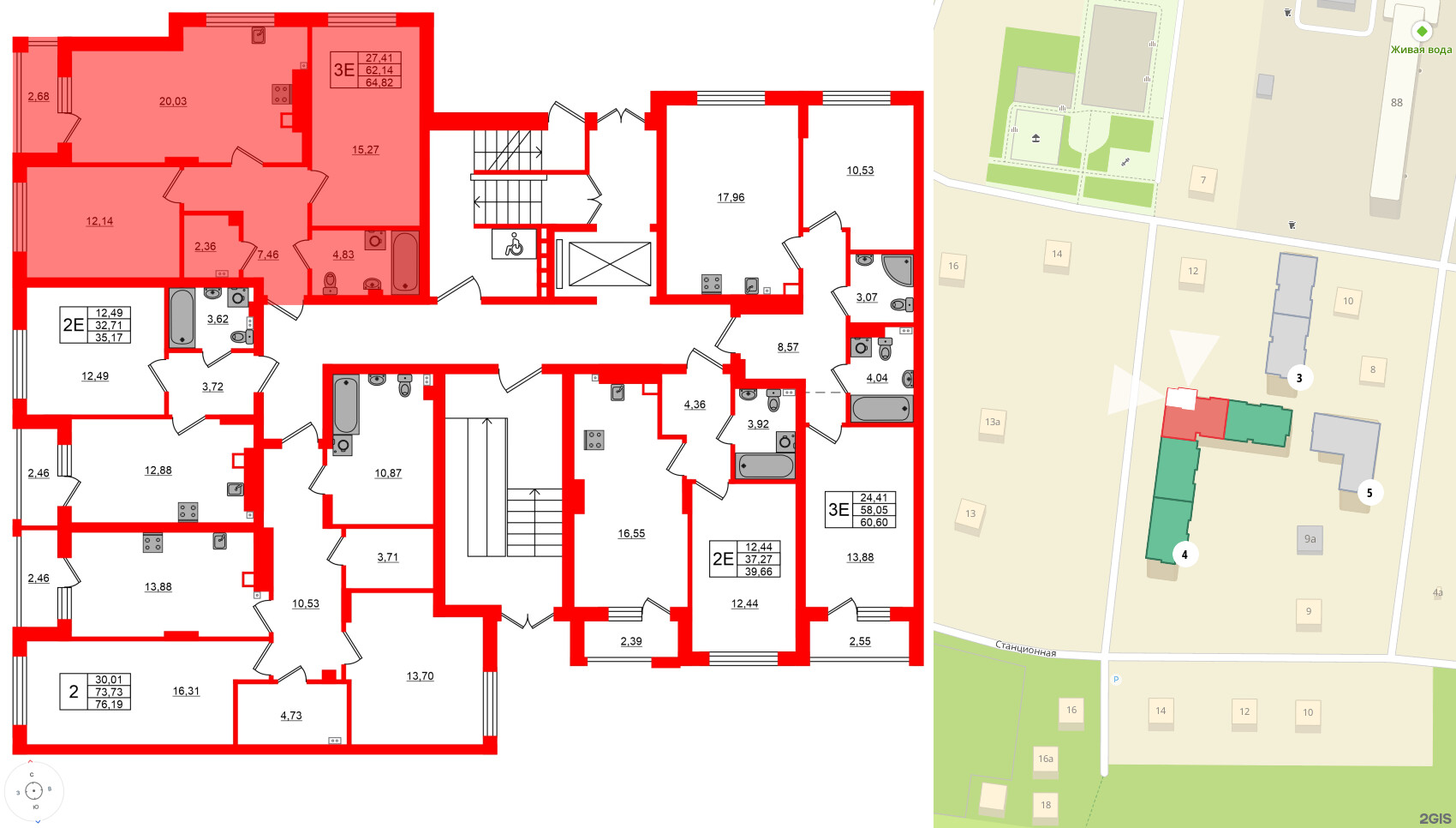 Квартира в ЖК «Новая история», 2 комнатная, 64.82 м², 1 этаж