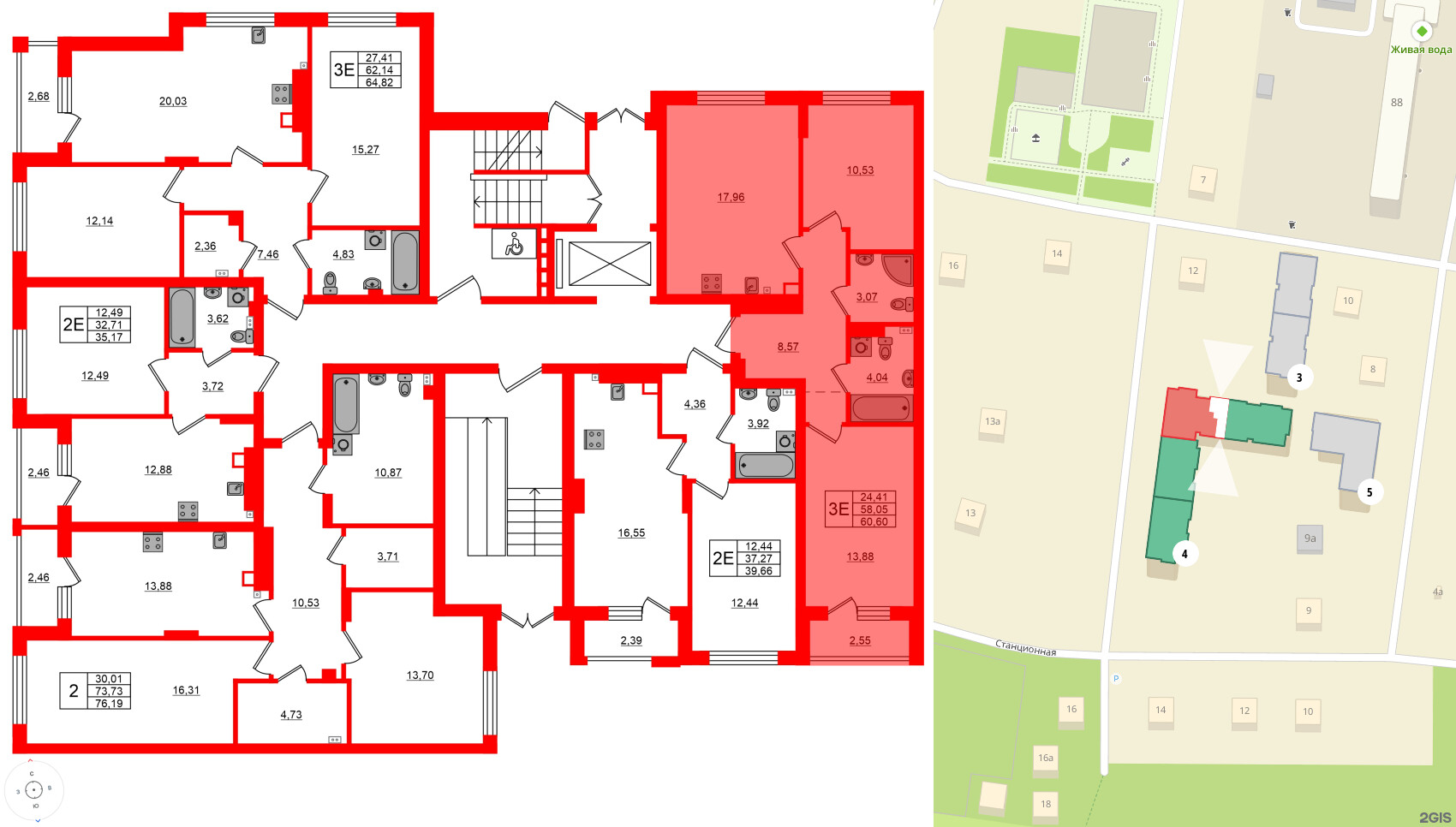 Квартира в ЖК «Новая история», 2 комнатная, 60.6 м², 1 этаж