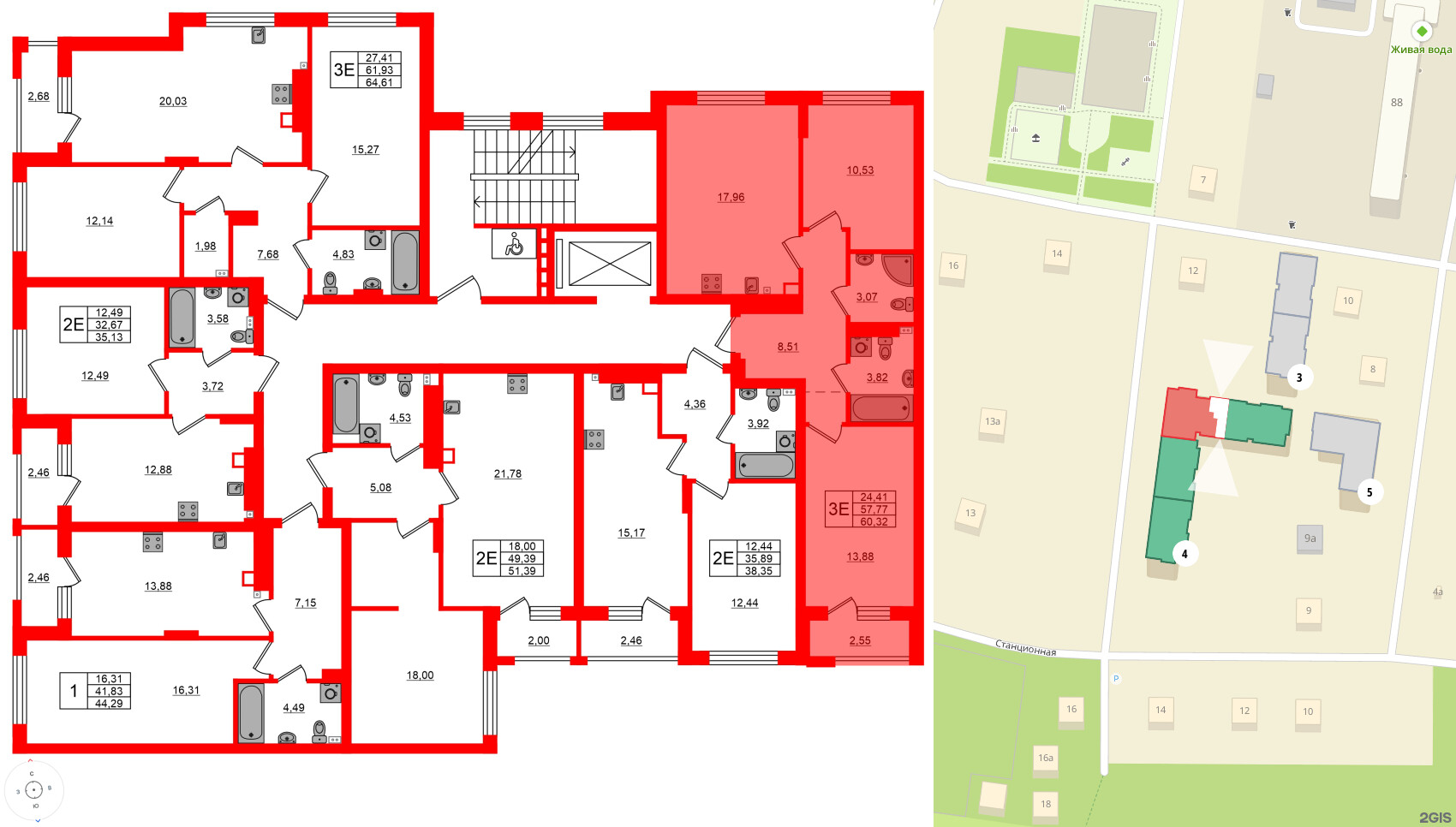 Квартира в ЖК «Новая история», 2 комнатная, 60.32 м², 2 этаж