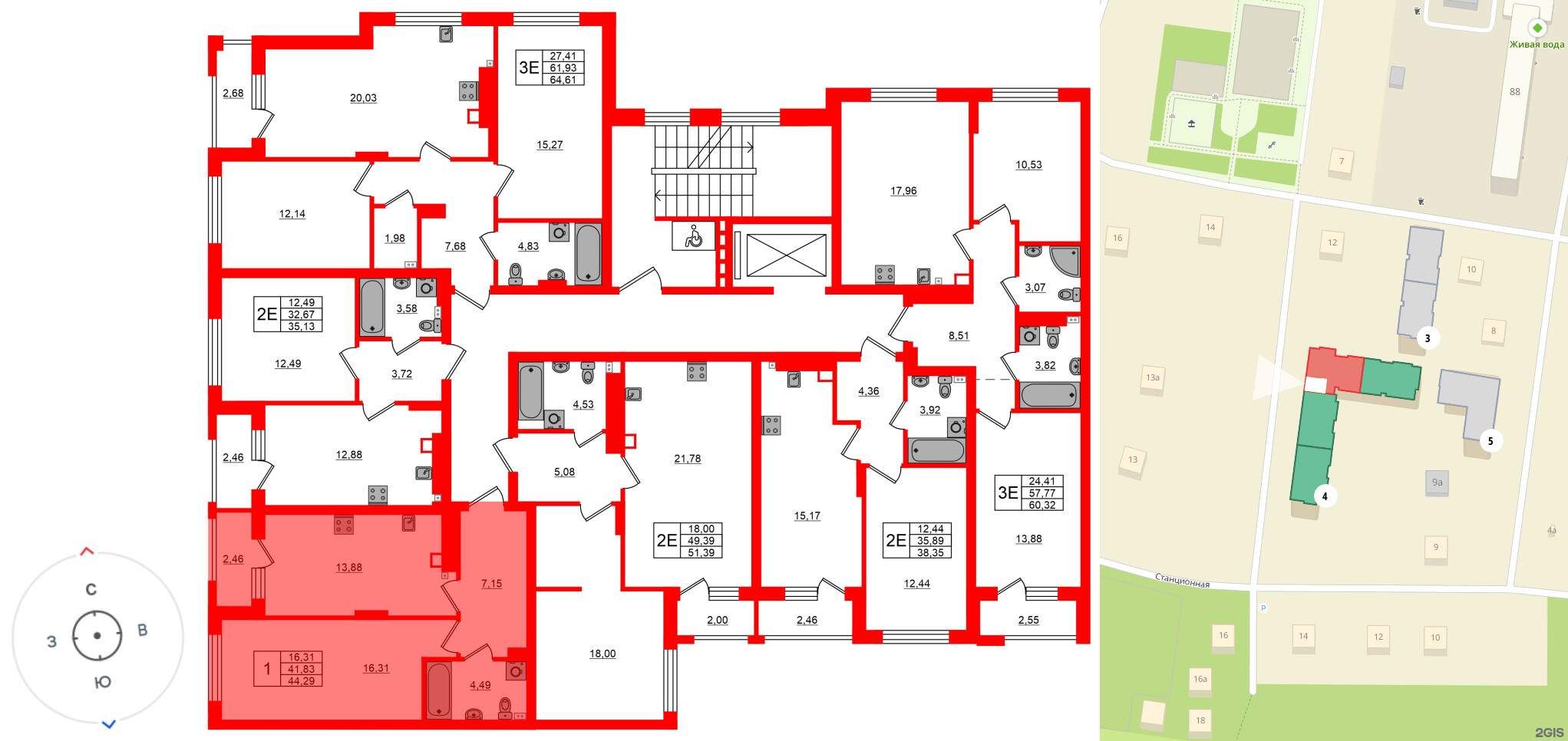 Квартира в ЖК «Новая история», 1 комнатная, 44.29 м², 2 этаж