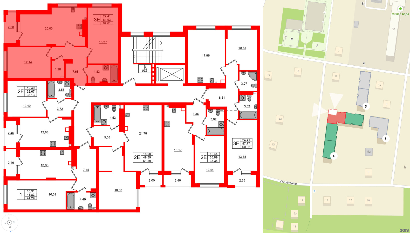 Квартира в ЖК «Новая история», 2 комнатная, 64.61 м², 2 этаж