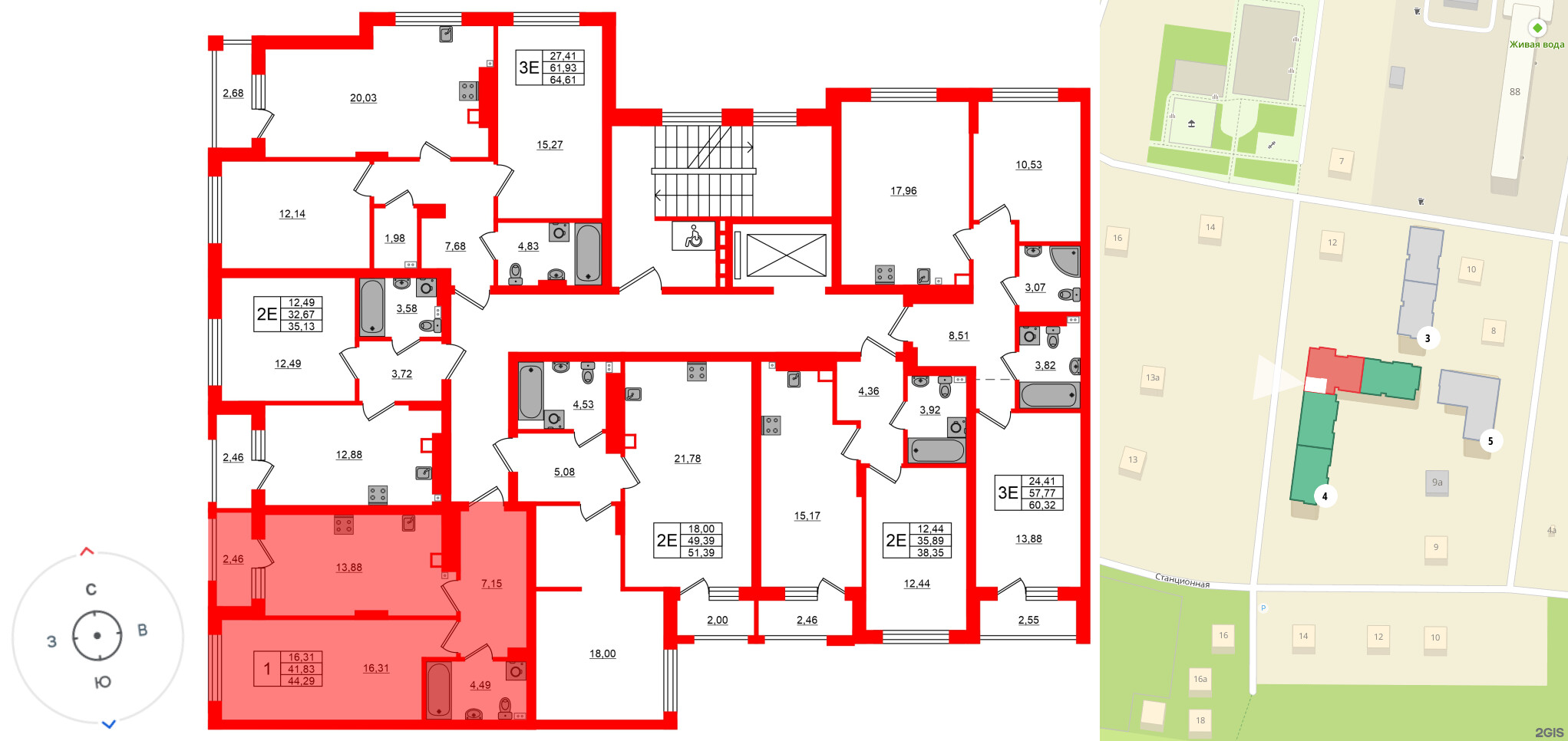 Квартира в ЖК «Новая история», 1 комнатная, 44.29 м², 3 этаж