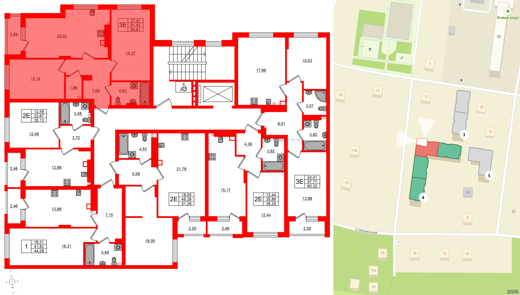 Квартира в ЖК «Новая история», 2 комнатная, 64.61 м², 3 этаж