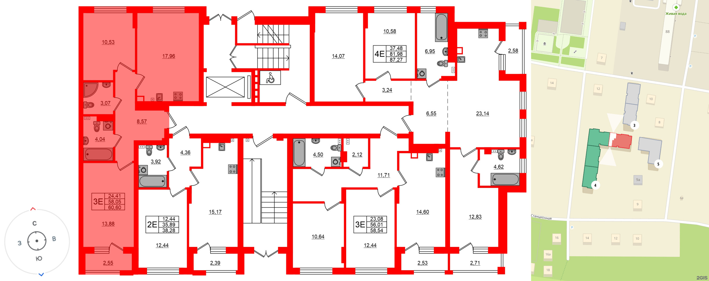 Квартира в ЖК «Новая история», 2 комнатная, 60.6 м², 1 этаж