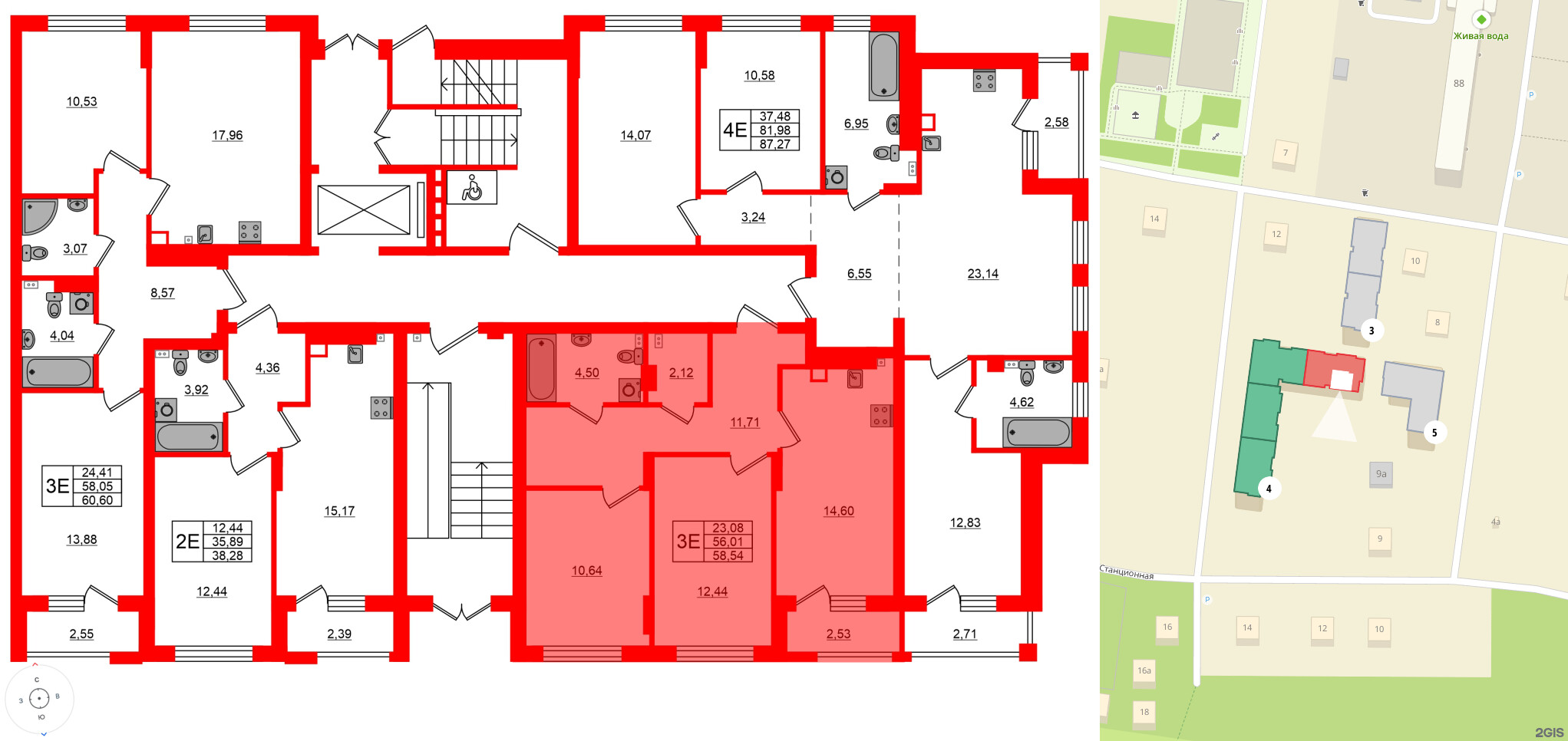 Квартира в ЖК «Новая история», 2 комнатная, 58.54 м², 1 этаж