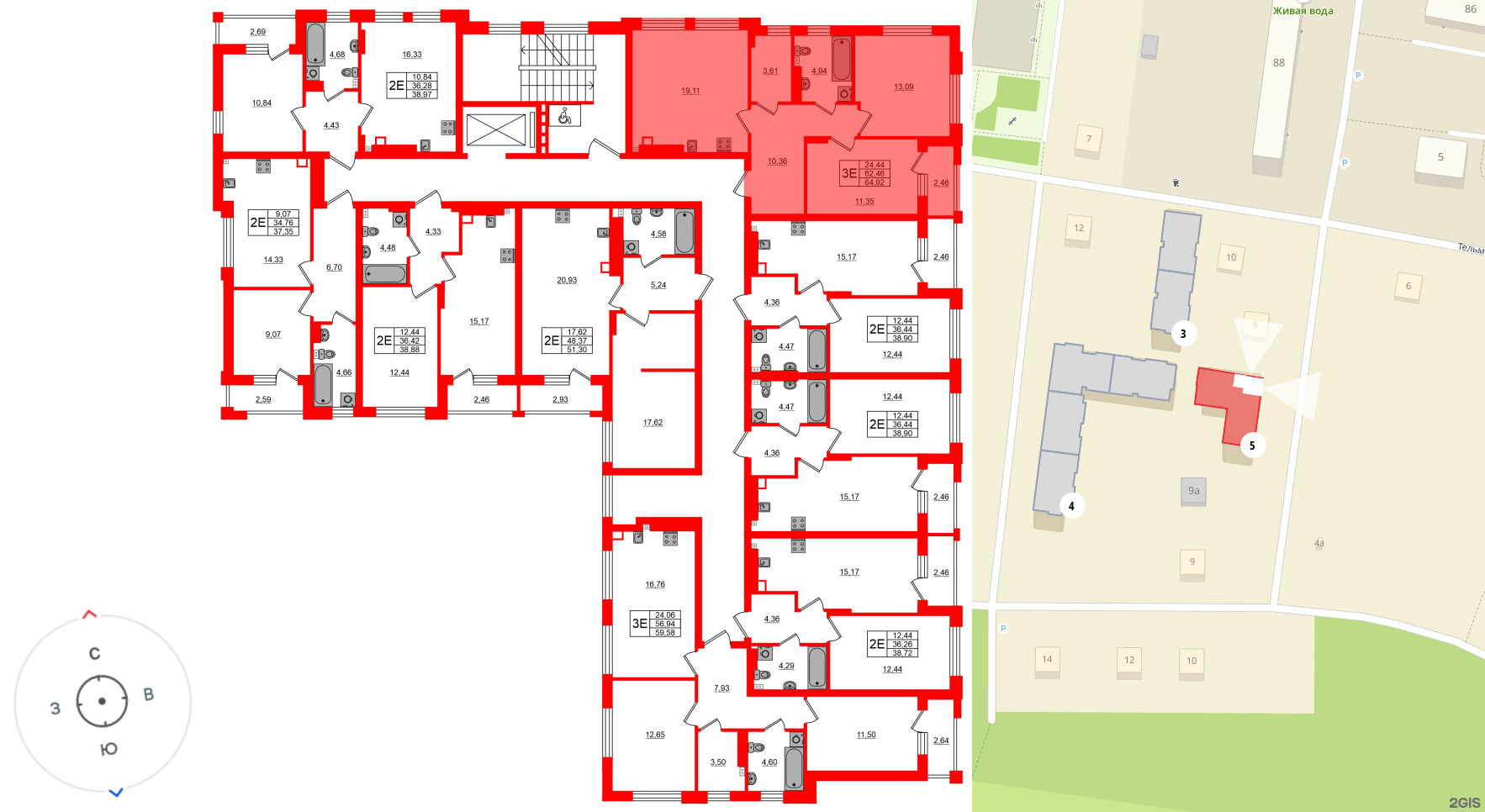 Квартира в ЖК «Новая история», 2 комнатная, 64.92 м², 3 этаж