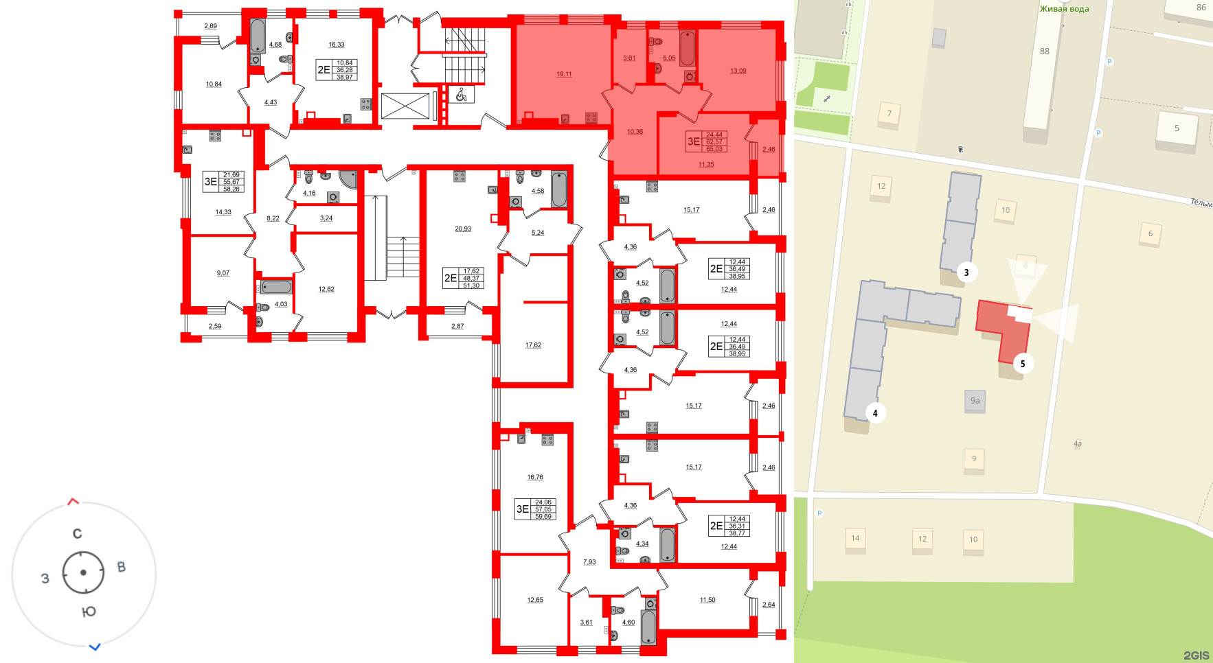 Квартира в ЖК «Новая история», 2 комнатная, 65.03 м², 1 этаж
