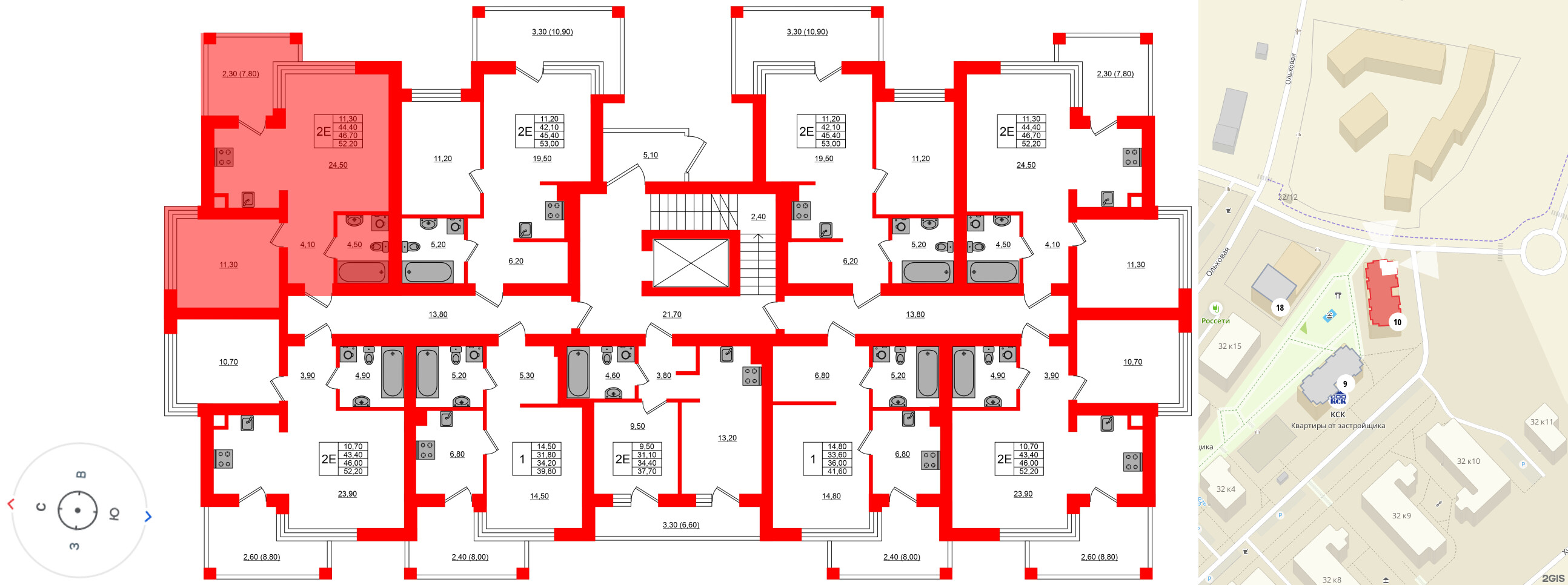 Квартира в ЖК Парковый, 1 комнатная, 46.7 м², 1 этаж