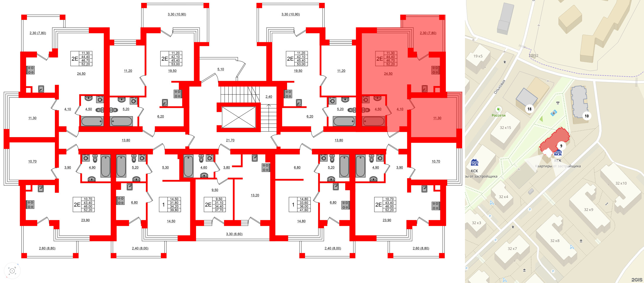 Квартира в ЖК Парковый, 1 комнатная, 46.7 м², 1 этаж