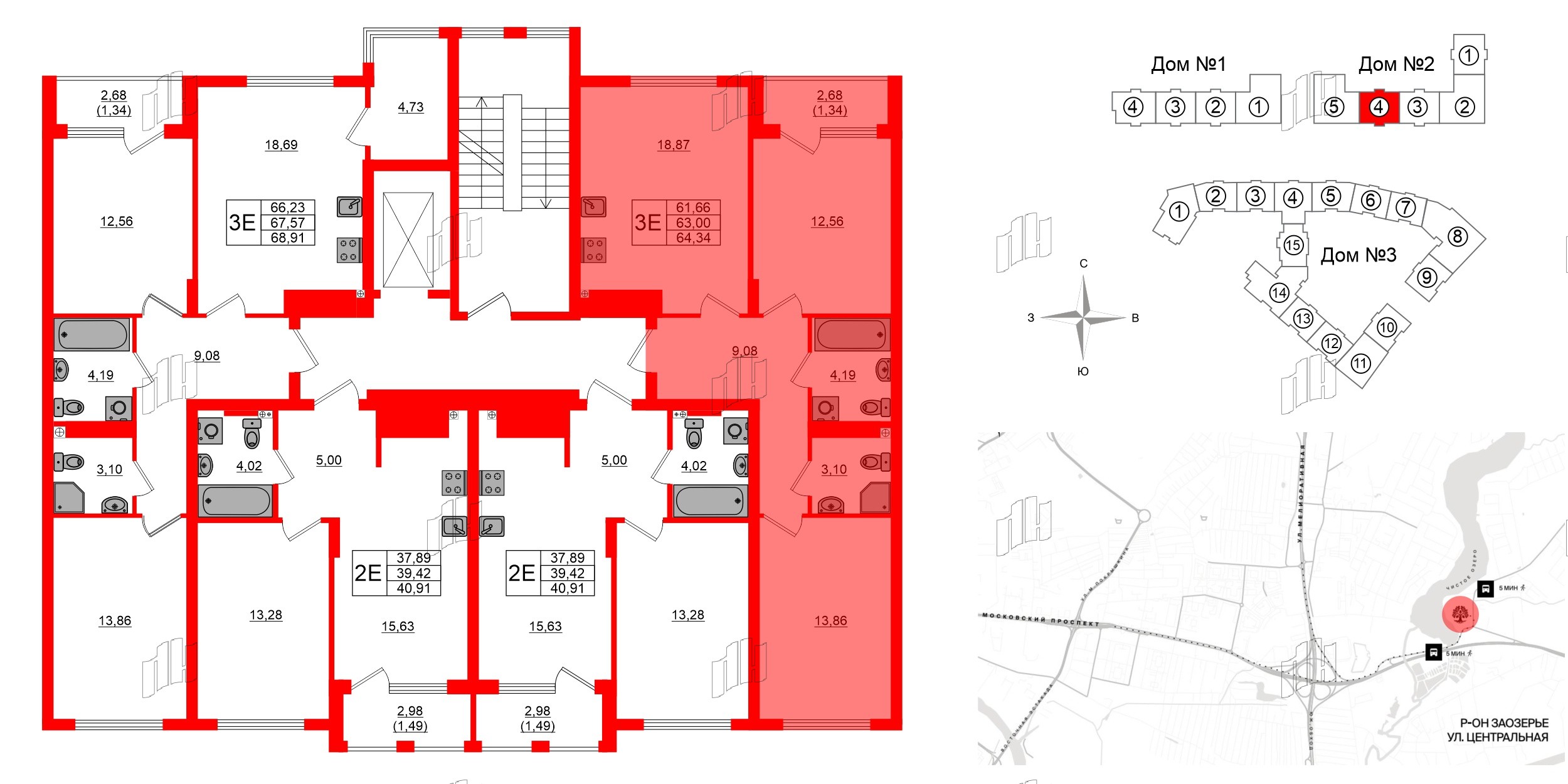 Квартира в ЖК «Расцвет Парк», 2 комнатная, 62.92 м², 3 этаж