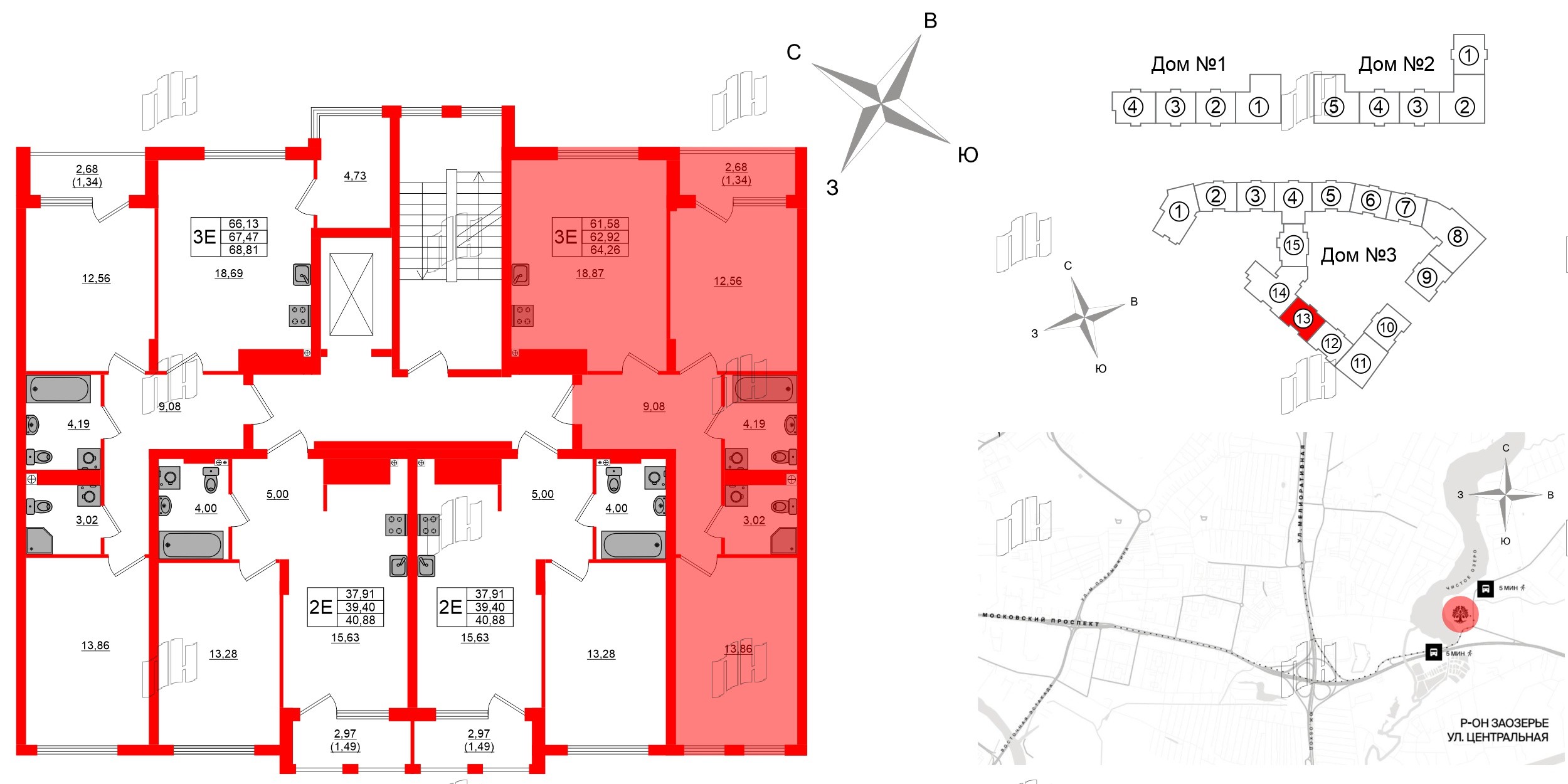 Квартира в ЖК «Расцвет Парк», 2 комнатная, 62.92 м², 3 этаж
