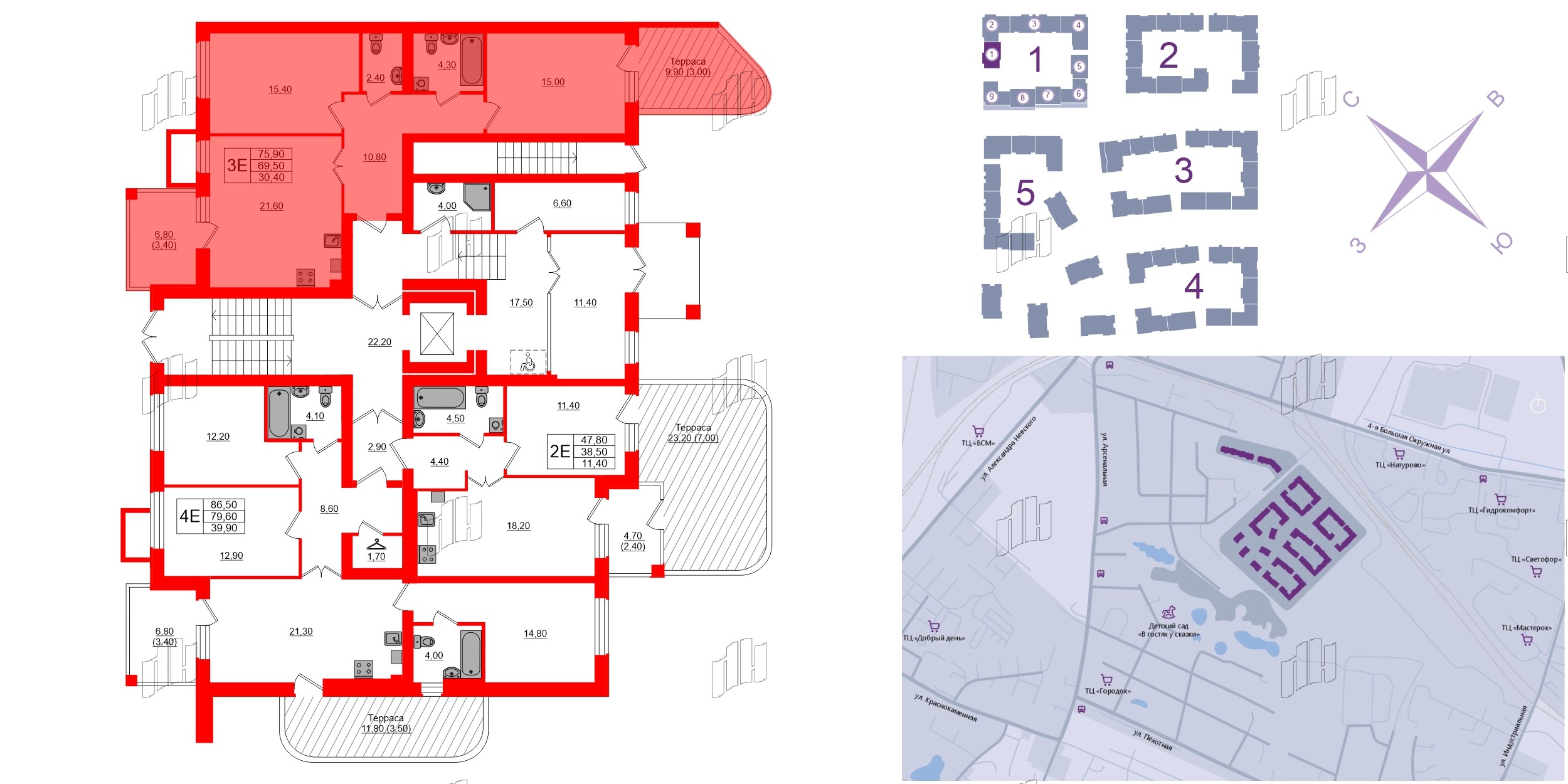 Квартира в ЖК «Сиреневый бульвар», 2 комнатная, 76.5 м², 1 этаж