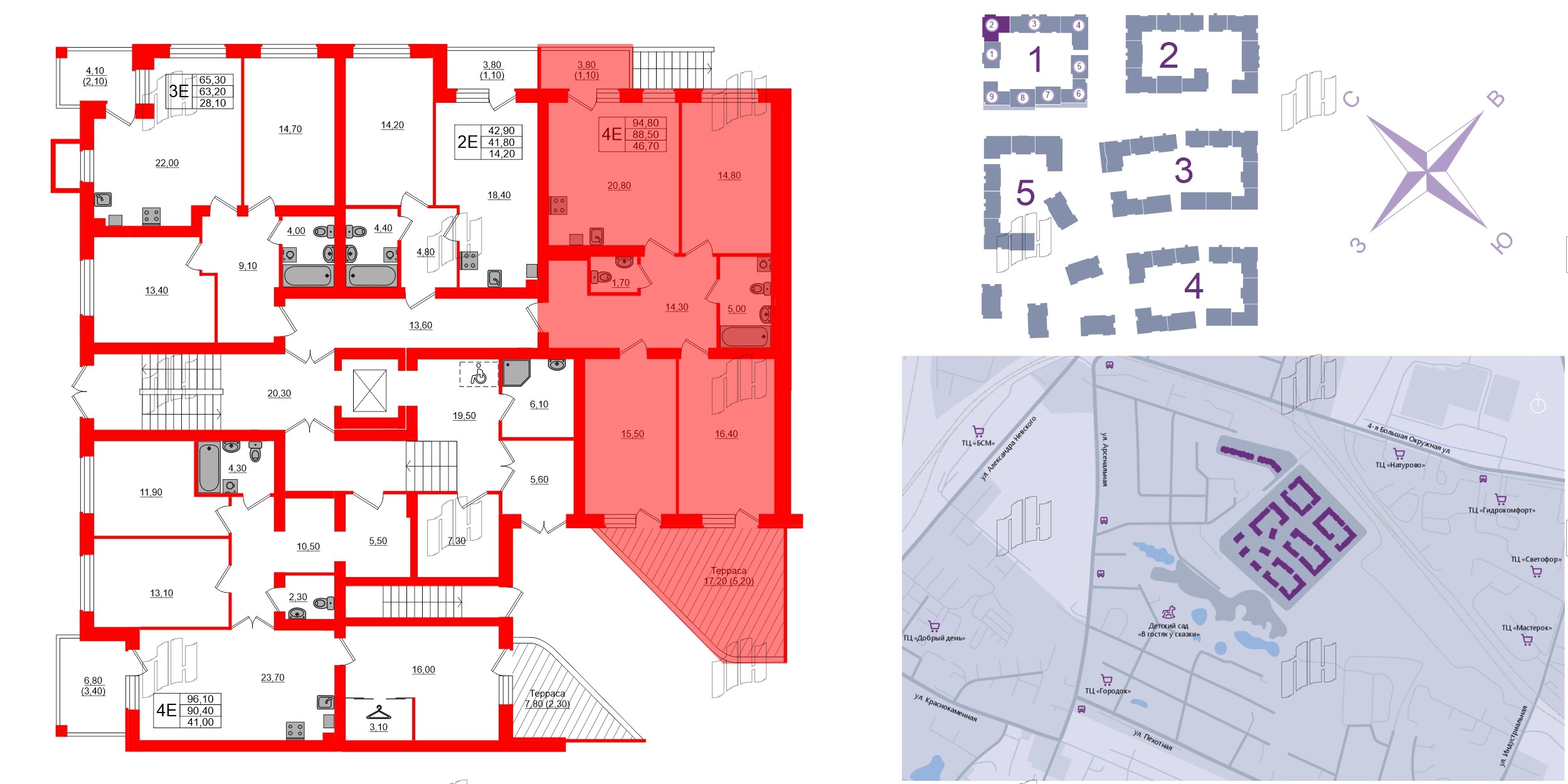 Квартира в ЖК «Сиреневый бульвар», 3 комнатная, 95.8 м², 1 этаж