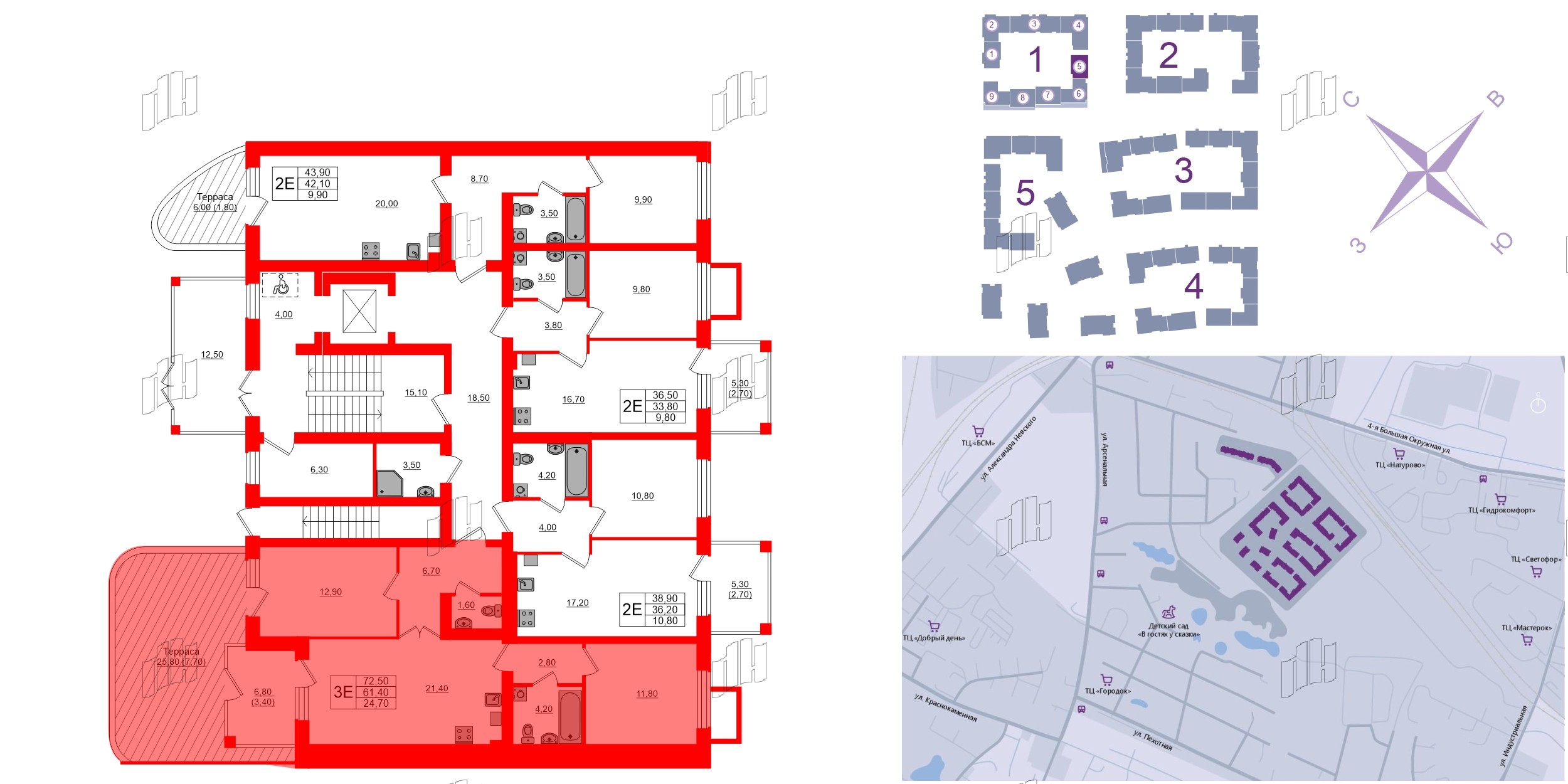 Квартира в ЖК «Сиреневый бульвар», 2 комнатная, 72.5 м², 1 этаж