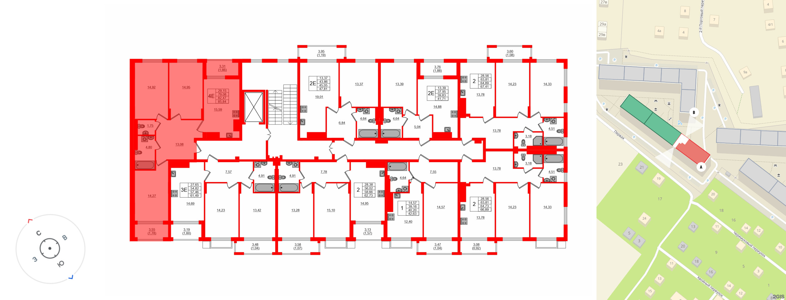 Квартира в ЖК «АЭРО», 3 комнатная, 83.5 м², 2 этаж