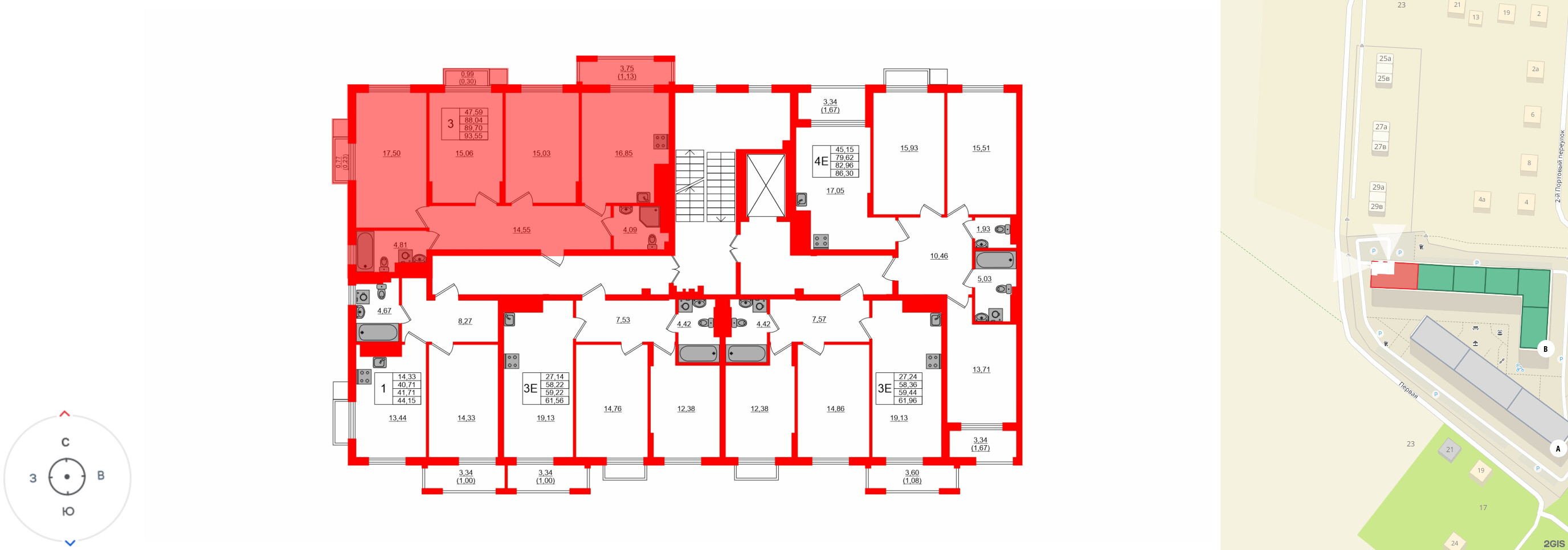 Квартира в ЖК «АЭРО», 3 комнатная, 89.7 м², 2 этаж