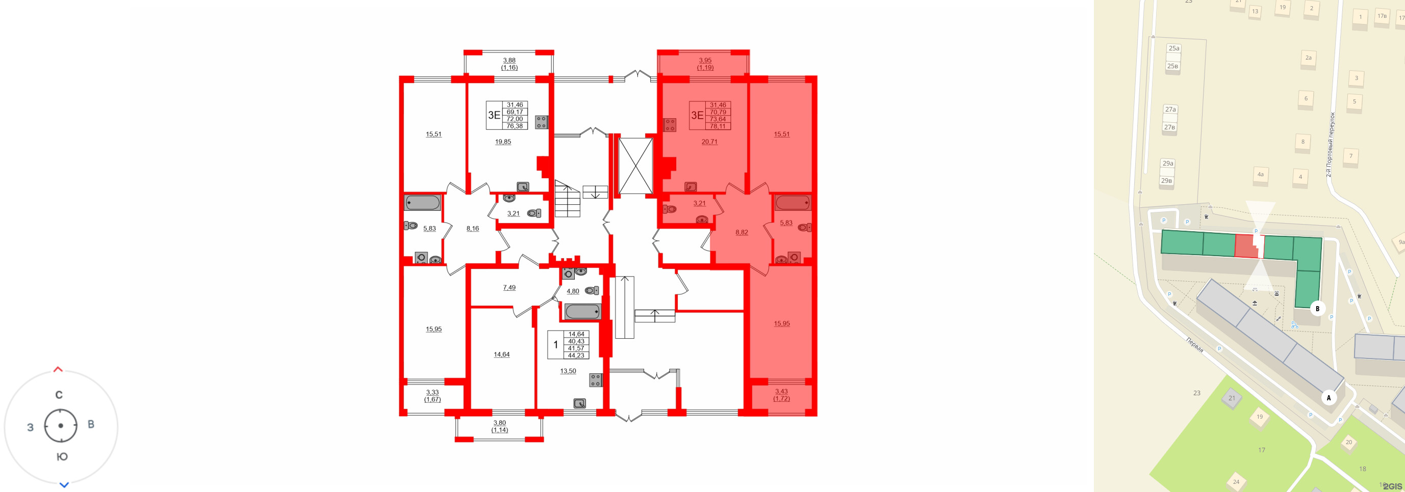 Квартира в ЖК «АЭРО», 2 комнатная, 73.7 м², 1 этаж