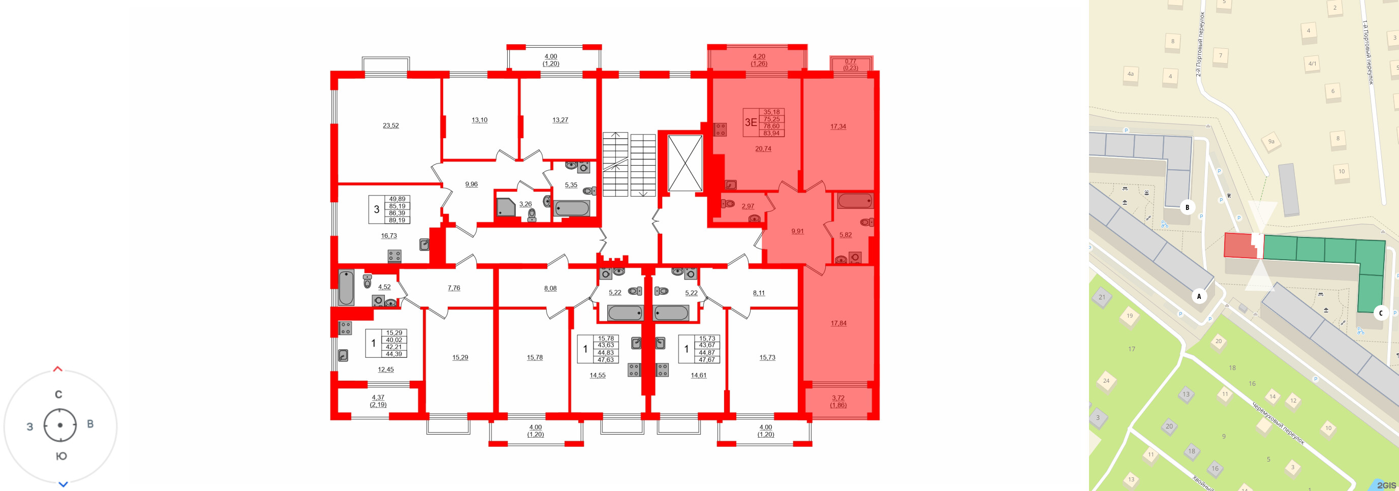 Квартира в ЖК «АЭРО», 2 комнатная, 78.5 м², 2 этаж