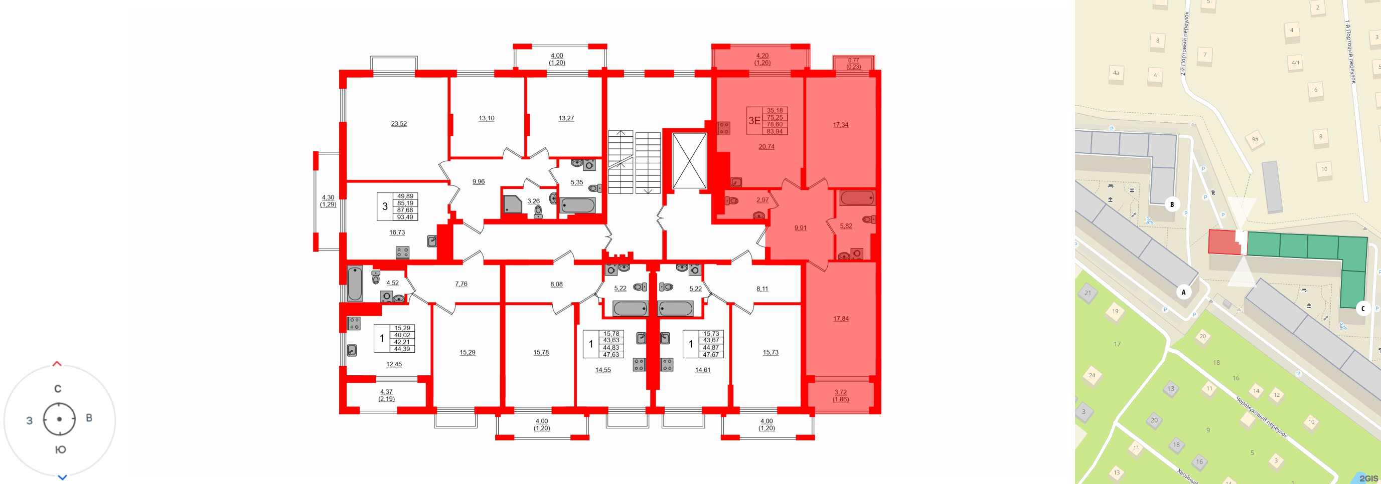Квартира в ЖК «АЭРО», 2 комнатная, 78.6 м², 3 этаж