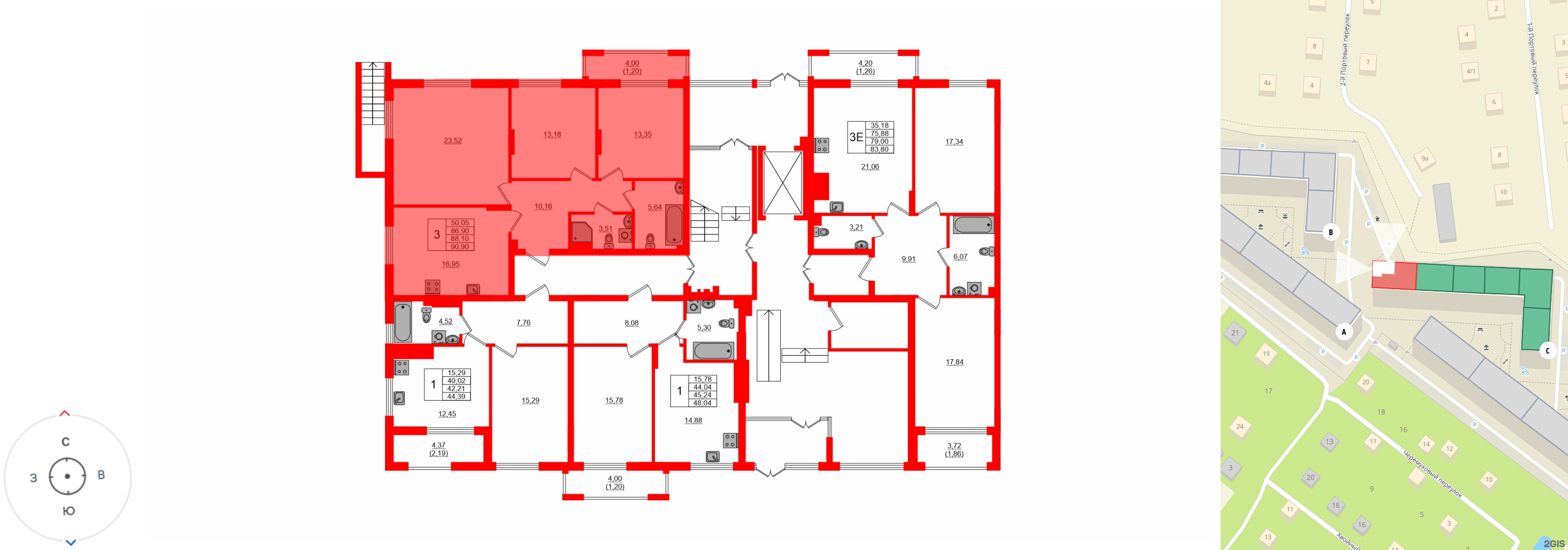 Квартира в ЖК «АЭРО», 3 комнатная, 88.1 м², 1 этаж