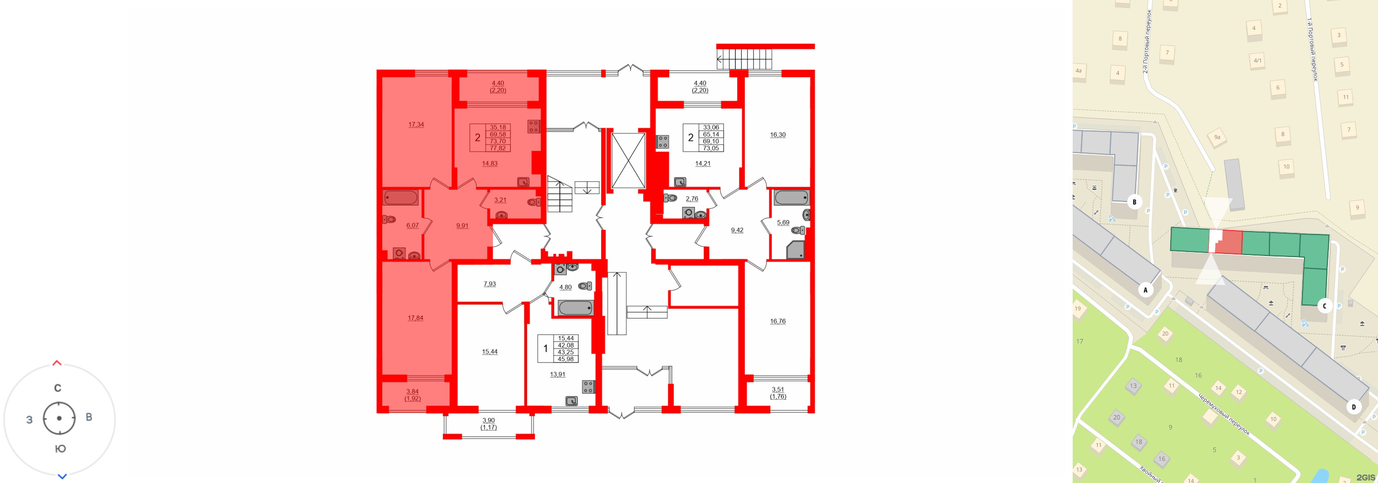 Квартира в ЖК «АЭРО», 2 комнатная, 73.7 м², 1 этаж