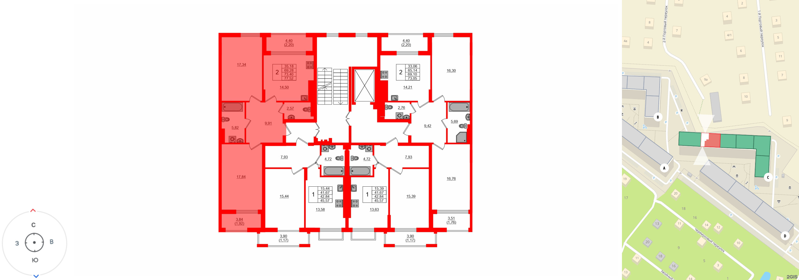 Квартира в ЖК «АЭРО», 2 комнатная, 73.4 м², 2 этаж