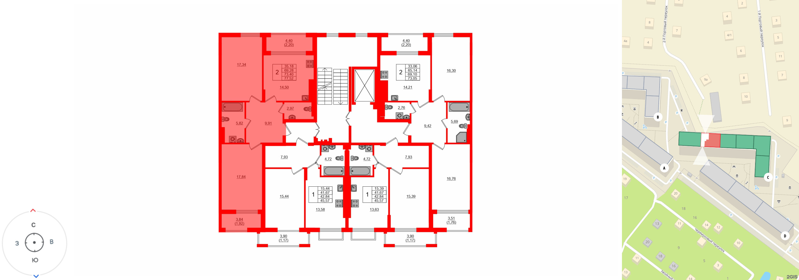 Квартира в ЖК «АЭРО», 2 комнатная, 73.2 м², 6 этаж