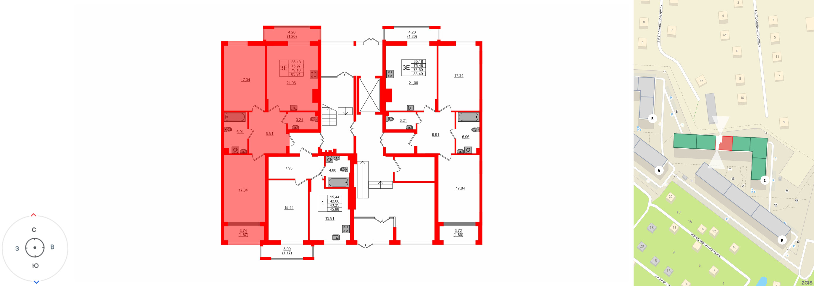 Квартира в ЖК «АЭРО», 2 комнатная, 79.1 м², 1 этаж